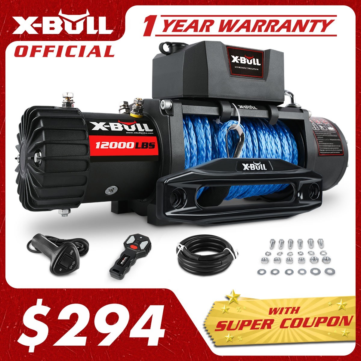 X-BULL Electric Winch 12V 12000LBS Synthetic Rope Towing Truck 4WD SUV Off-Road