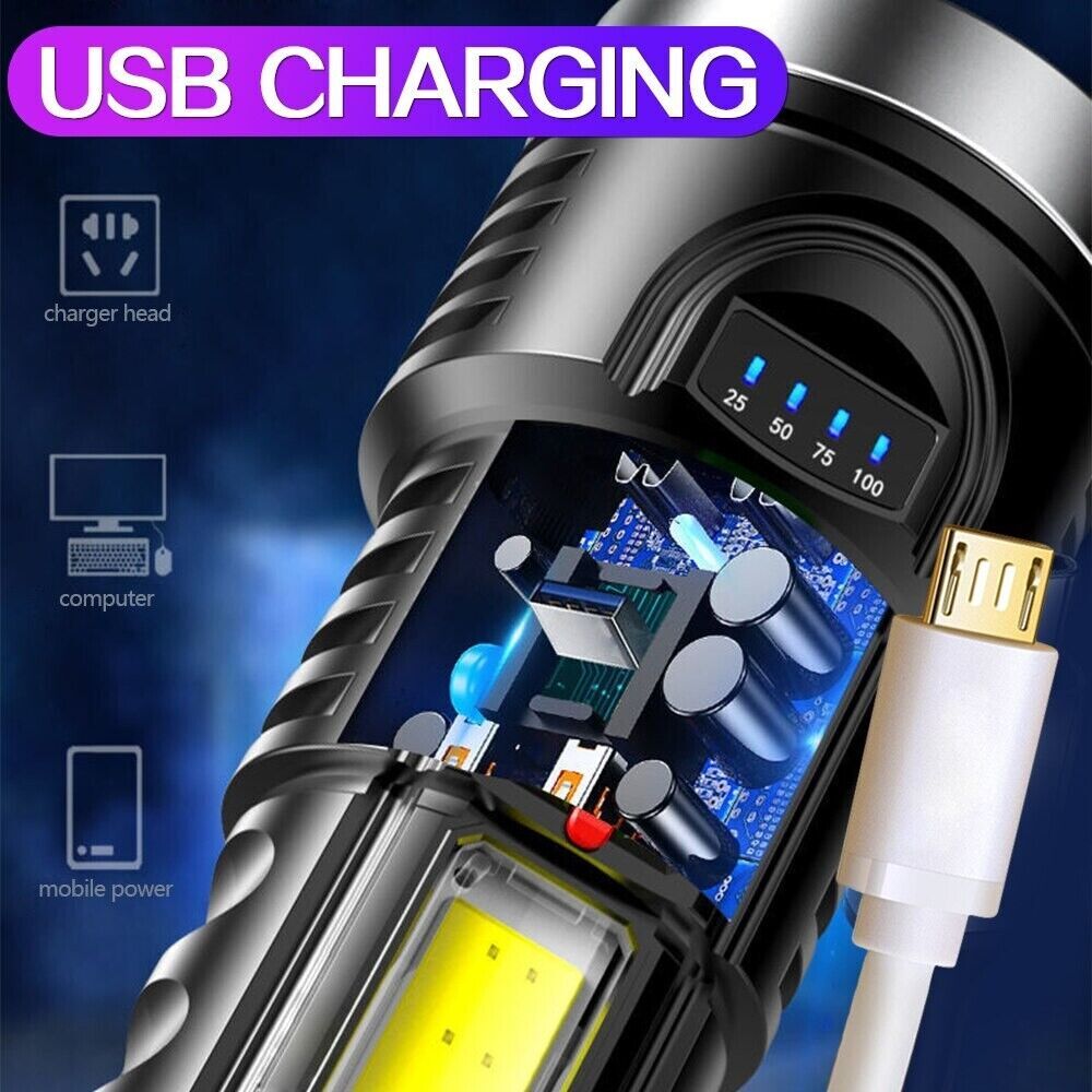 Super Bright LED Torch Tactical Flashlight Lantern USB Rechargeable & Battery
