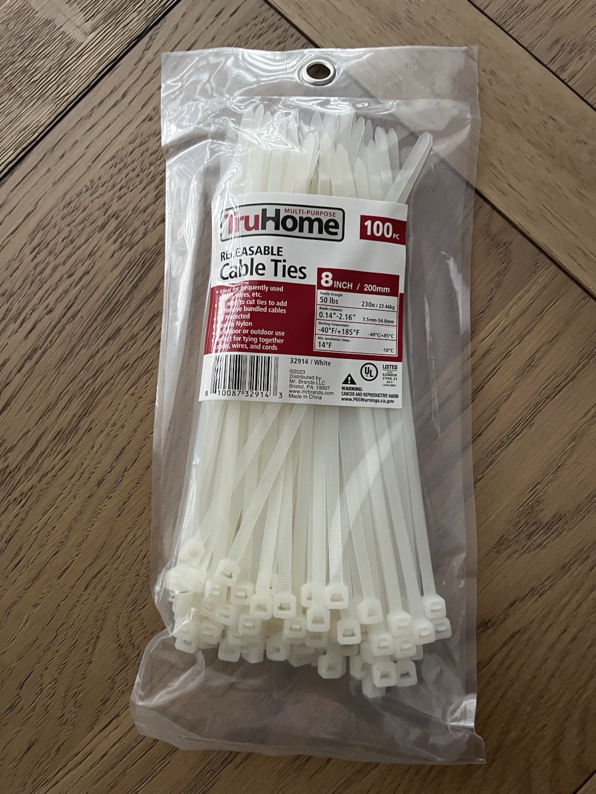 TruHome 100 Pc 8 Inch White Releasable Cable Ties 50 Lbs Tensile Strength