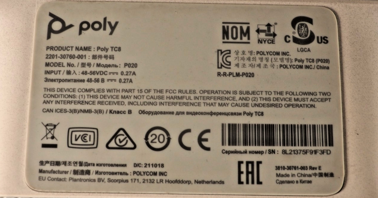 Polycom Poly Studio X50 Video Conference Bar w/Poly TC8 Control Unit & AC PSU