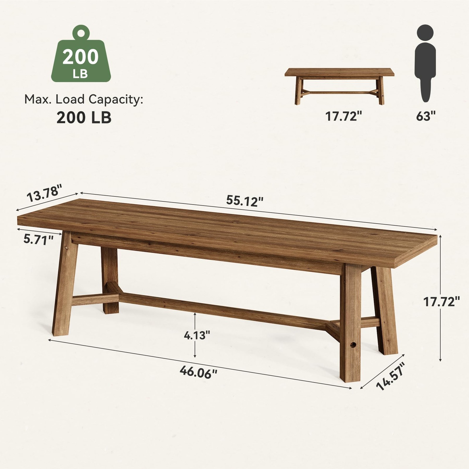 55" Solid Wood Farmhouse Bench Dark Brown