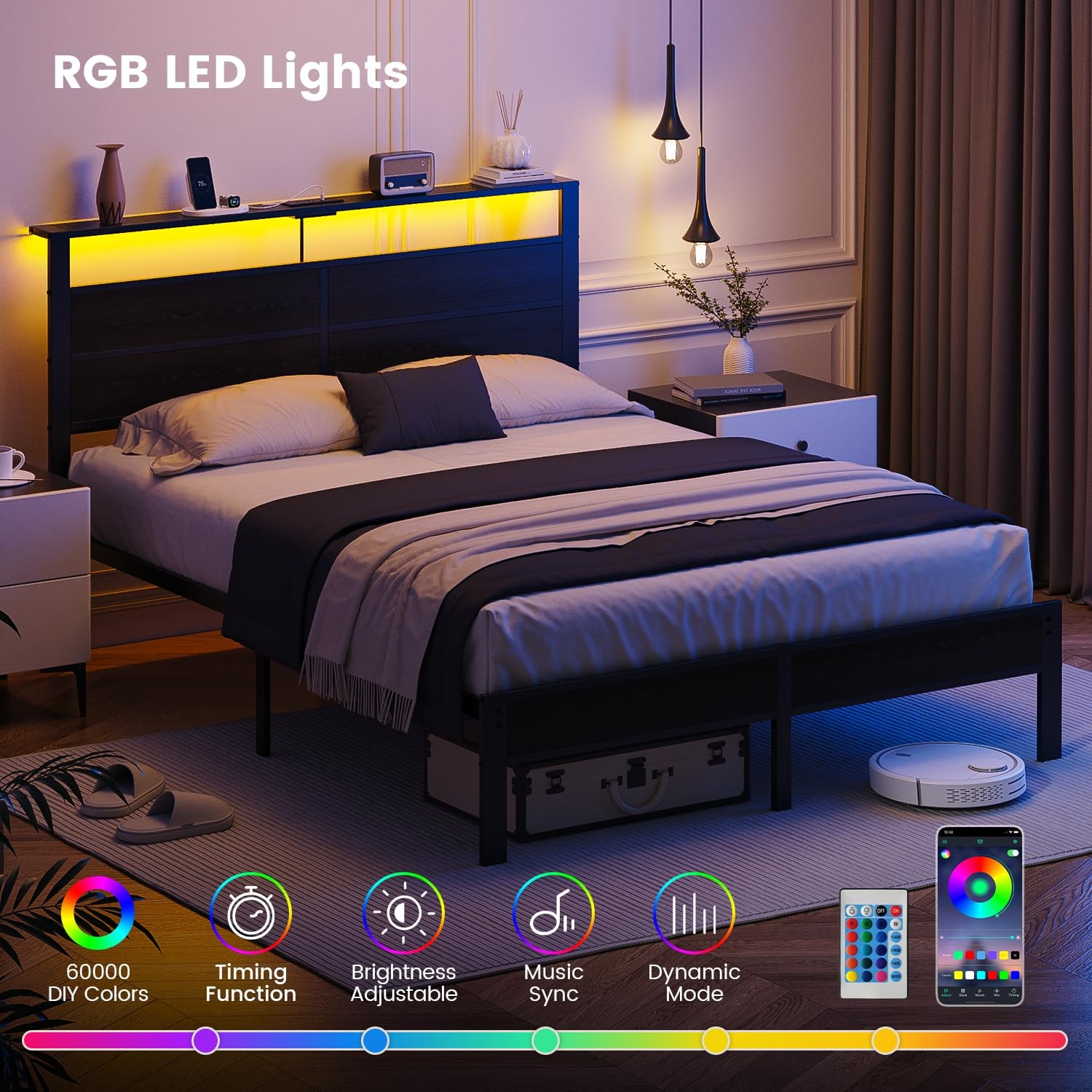 Queen Size Bed Frame with LED Lights, USB Type C Charging Headboard, Black Me...