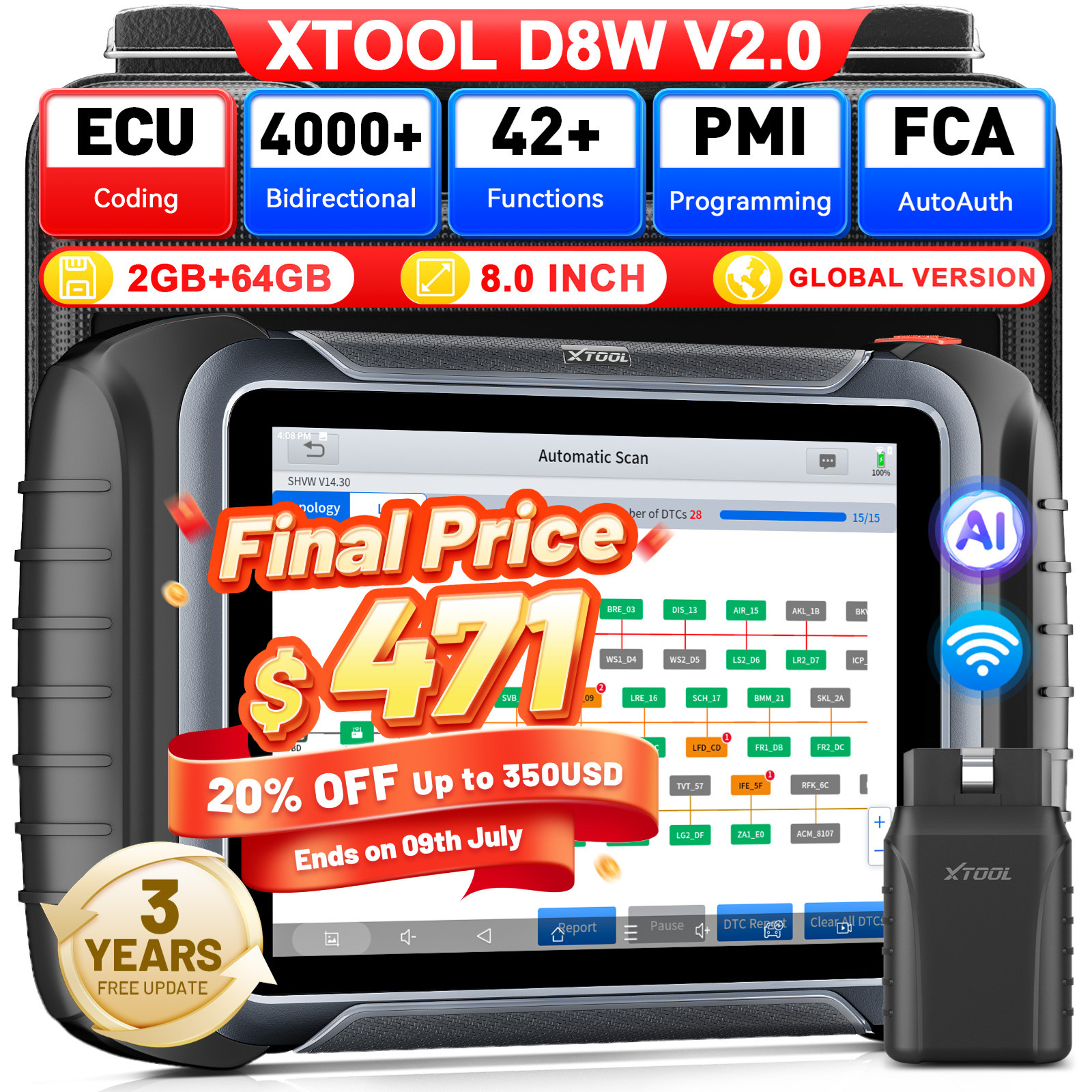 XTOOL D8W V2.0 Wireless Diagnostic Tool Topology Scanner 42+ Services ECU Coding