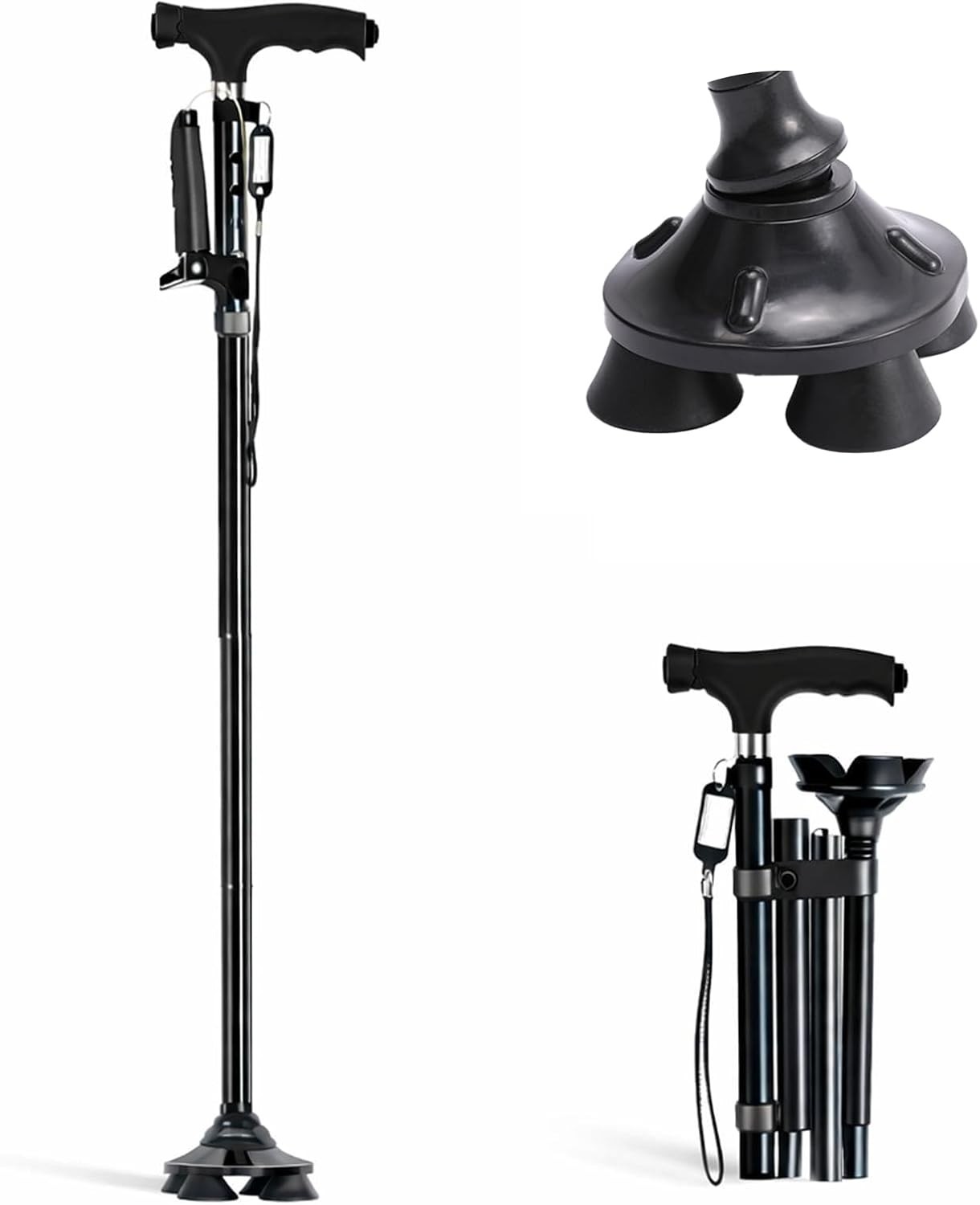Adjustable Folding Walking Cane for Seniors, Second Handle Stand Assist, Quad...