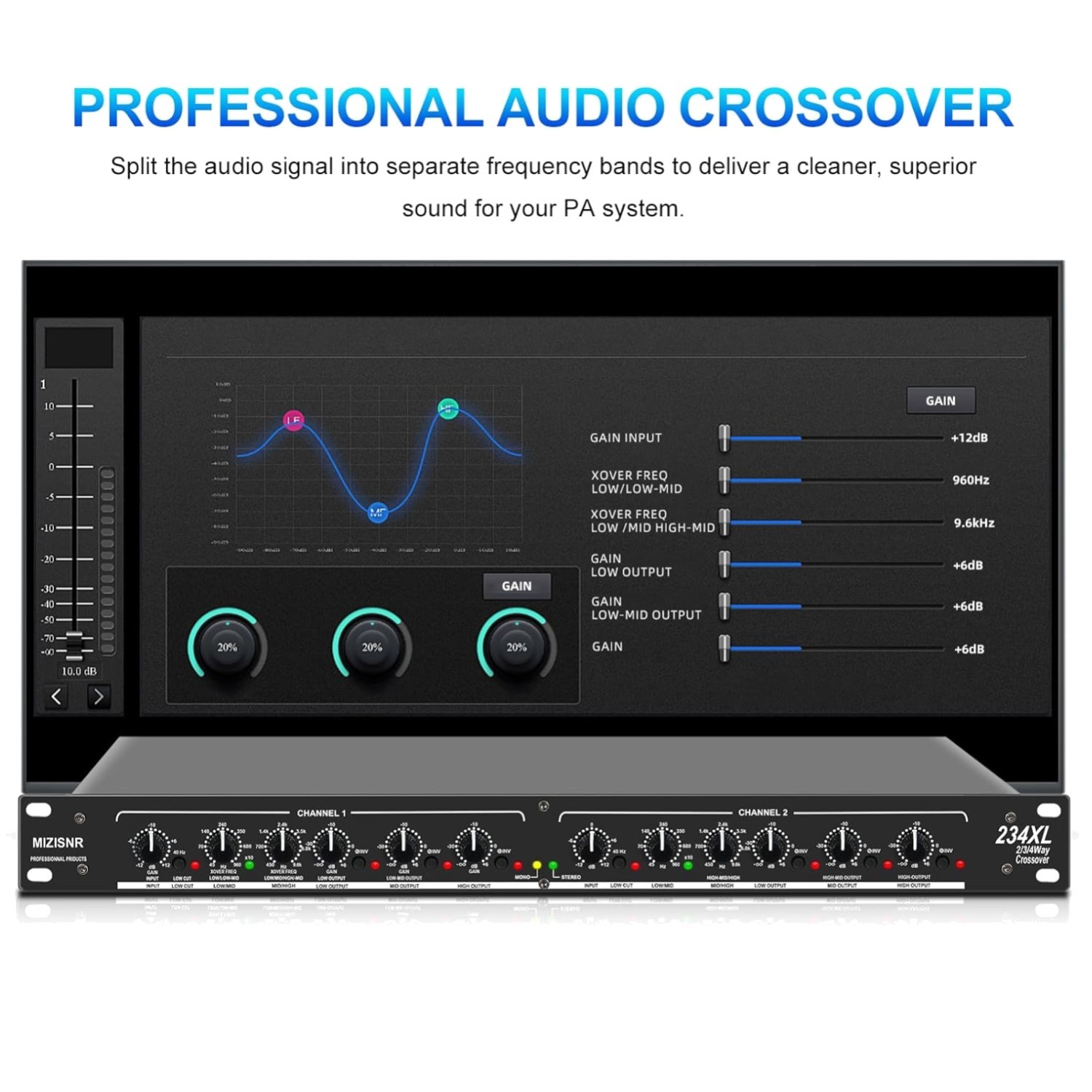 Durable Metal Rack Mount Audio Crossover with Separate Gain Controls & XLR