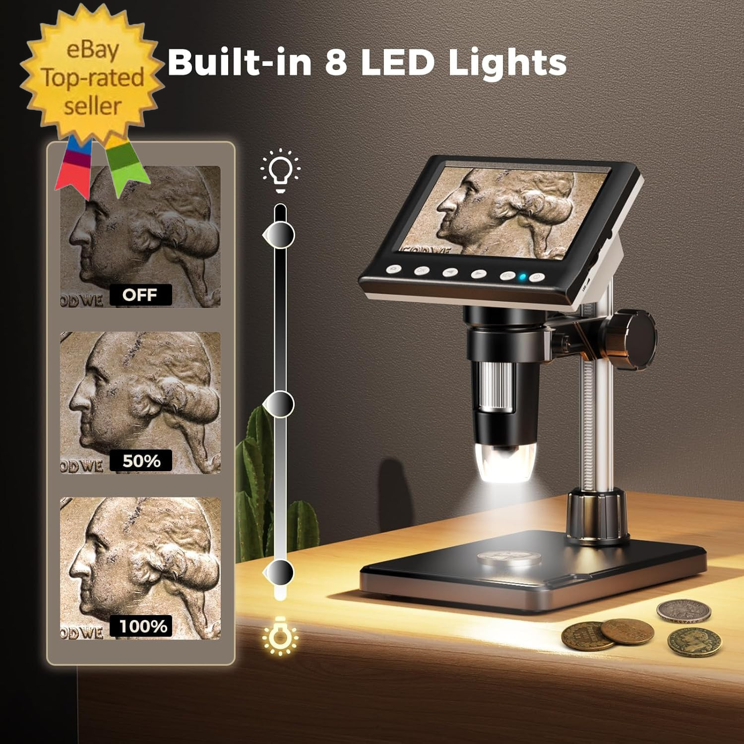 4.3 Inch LCD Digital Coin Microscope,1000X USB Magnfier 8 Adjustable LED Lights