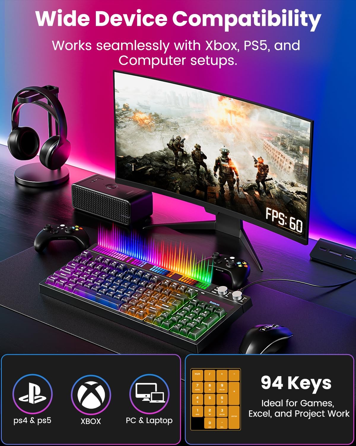 Quiet Gaming Keyboard with Sound-Sync RGB LED Display, 94-Key Wired PC Gaming Ke