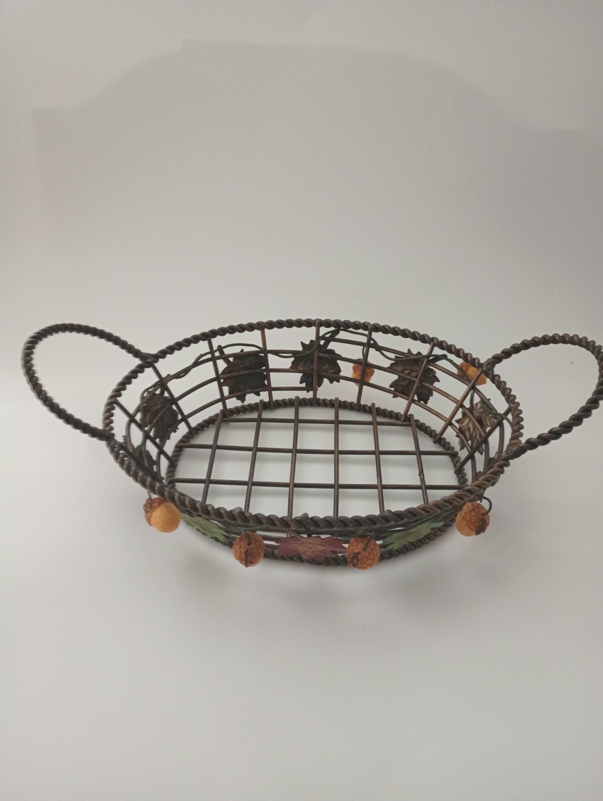 Metal Basket Leaves Acorns Oval Heavy Twisted Metal Handles