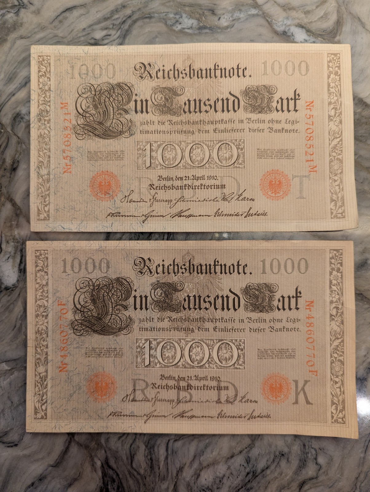 1910 German 1000 Mark Reichsbanknote Pair Imperial Germany Currency Banknotes...