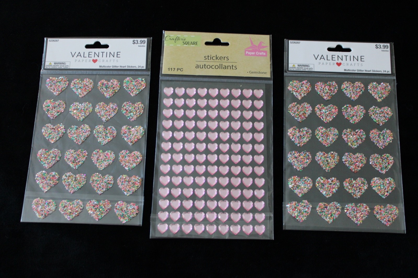 Glitter HEART Stickers Multicolor Valentine & Pink Gemstone Hearts Lot of 3 Pack