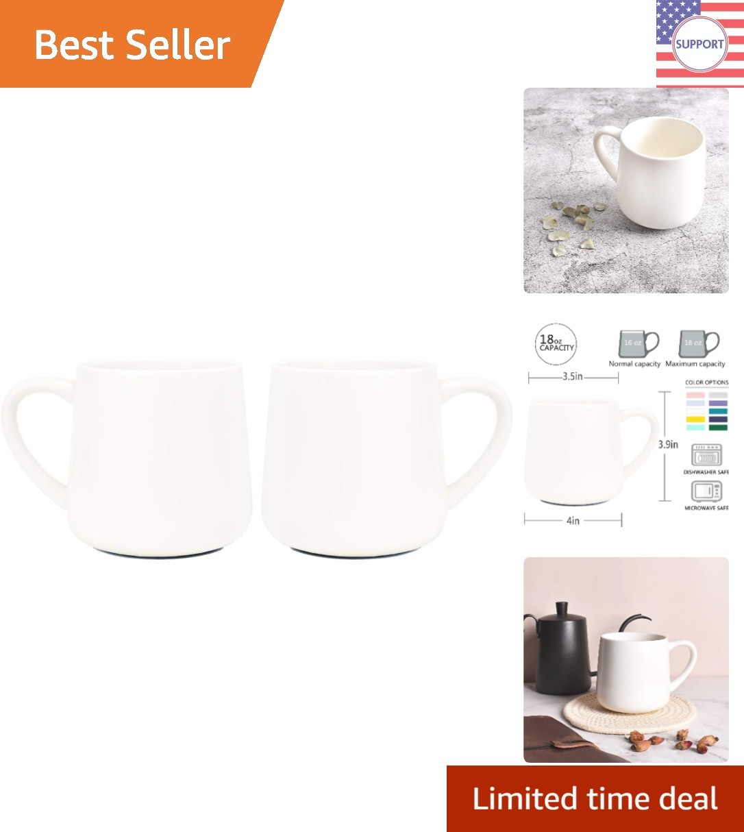 Luxury White Ceramic Mugs Set of 2 - 18 oz, Perfect for Tea & Coffee