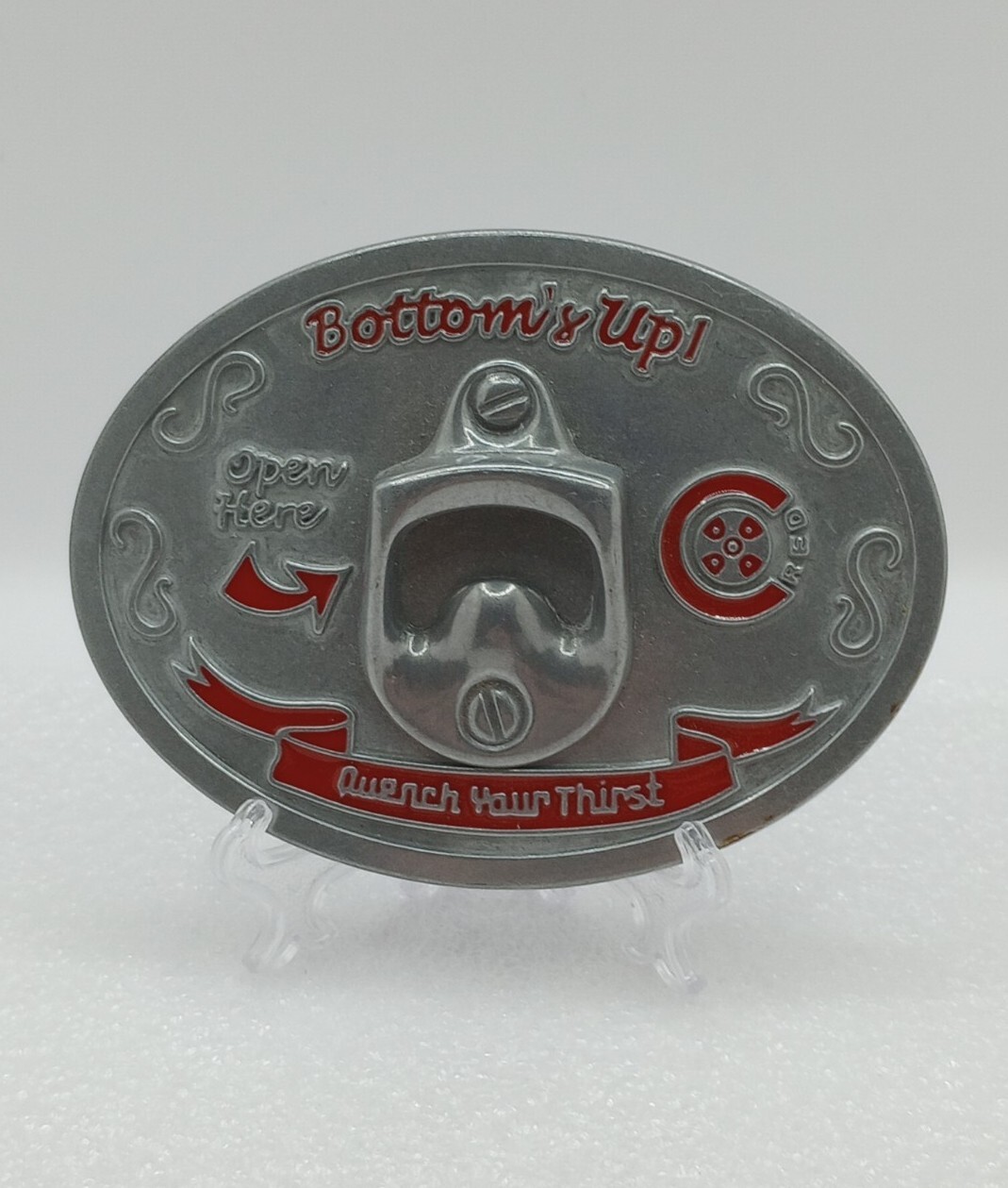 Vintage Bartenders Bottle Opener Belt Buckle - Bottom's Up - Quench Your Thirst!
