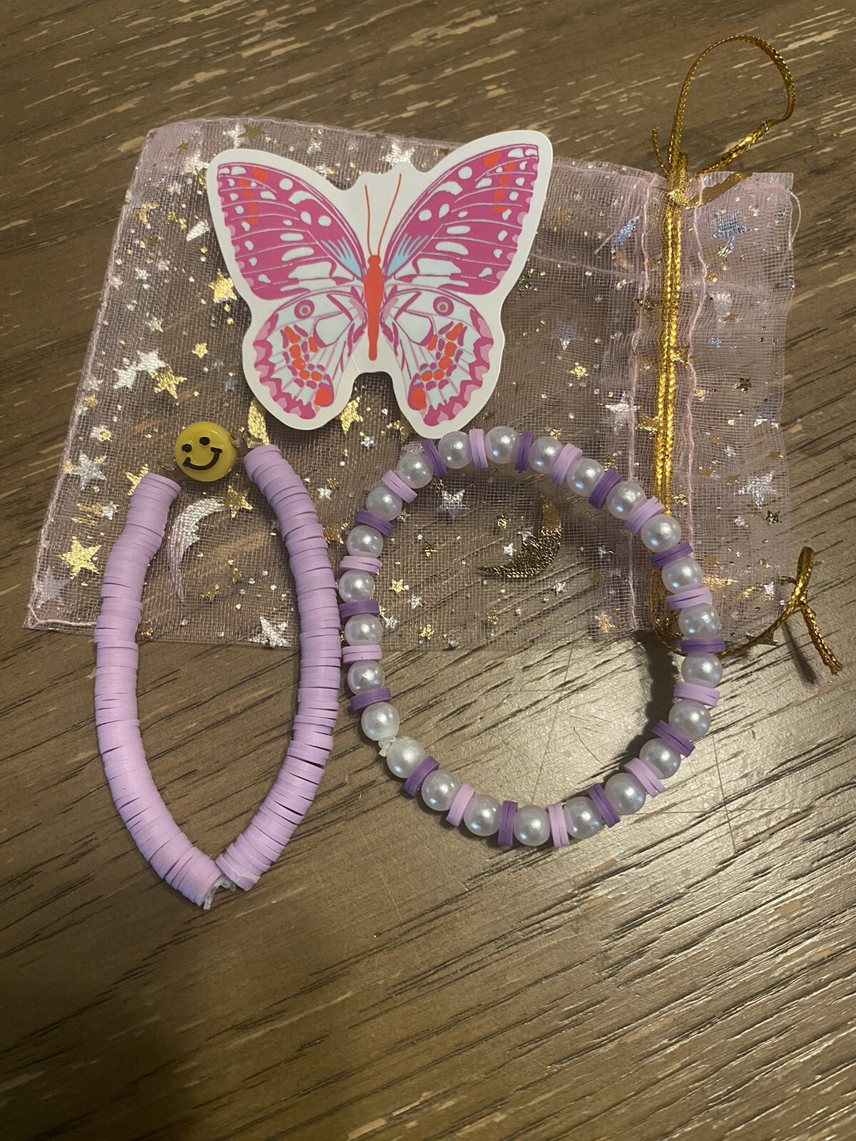 2 Smile Purple Lavender Clay Beads Stretch Bracelets Preppy + Sticker Aesthetic