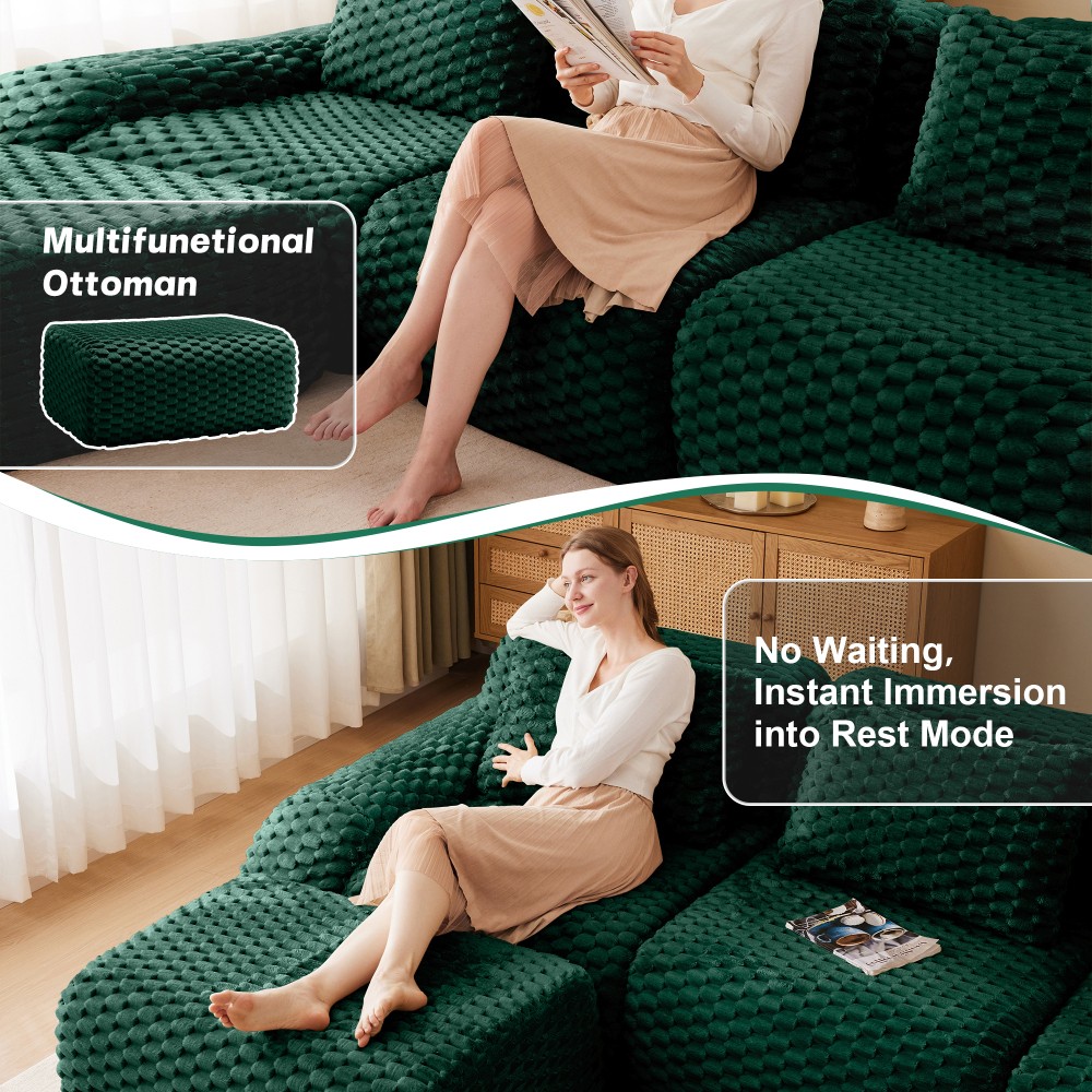 82" Modern L-Shaped Modular Sectional Sofa w/ Ottoman, Flannelette, Green