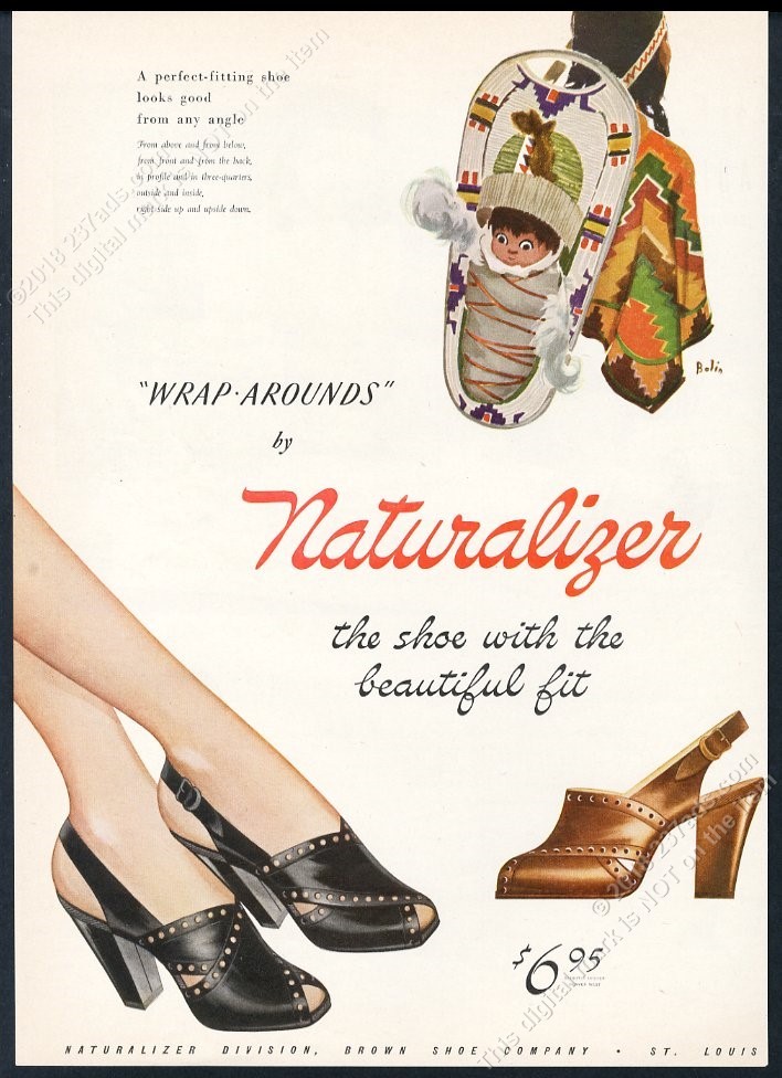 1945 Native American Indian papoose woman baby art Naturalizer shoes print ad