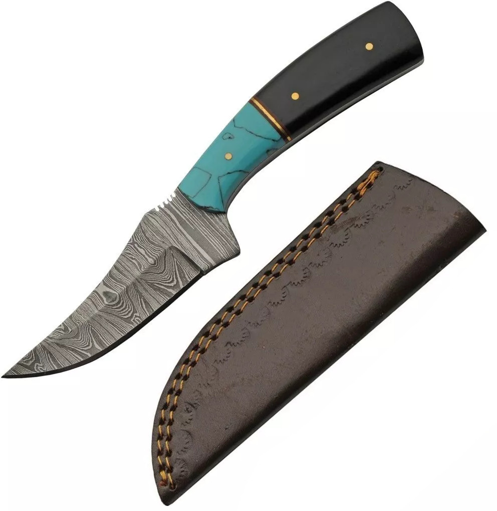 Damascus Fixed Knife 3.5" Damascus Steel Blade Turquoise Resin/Buffalo Horn