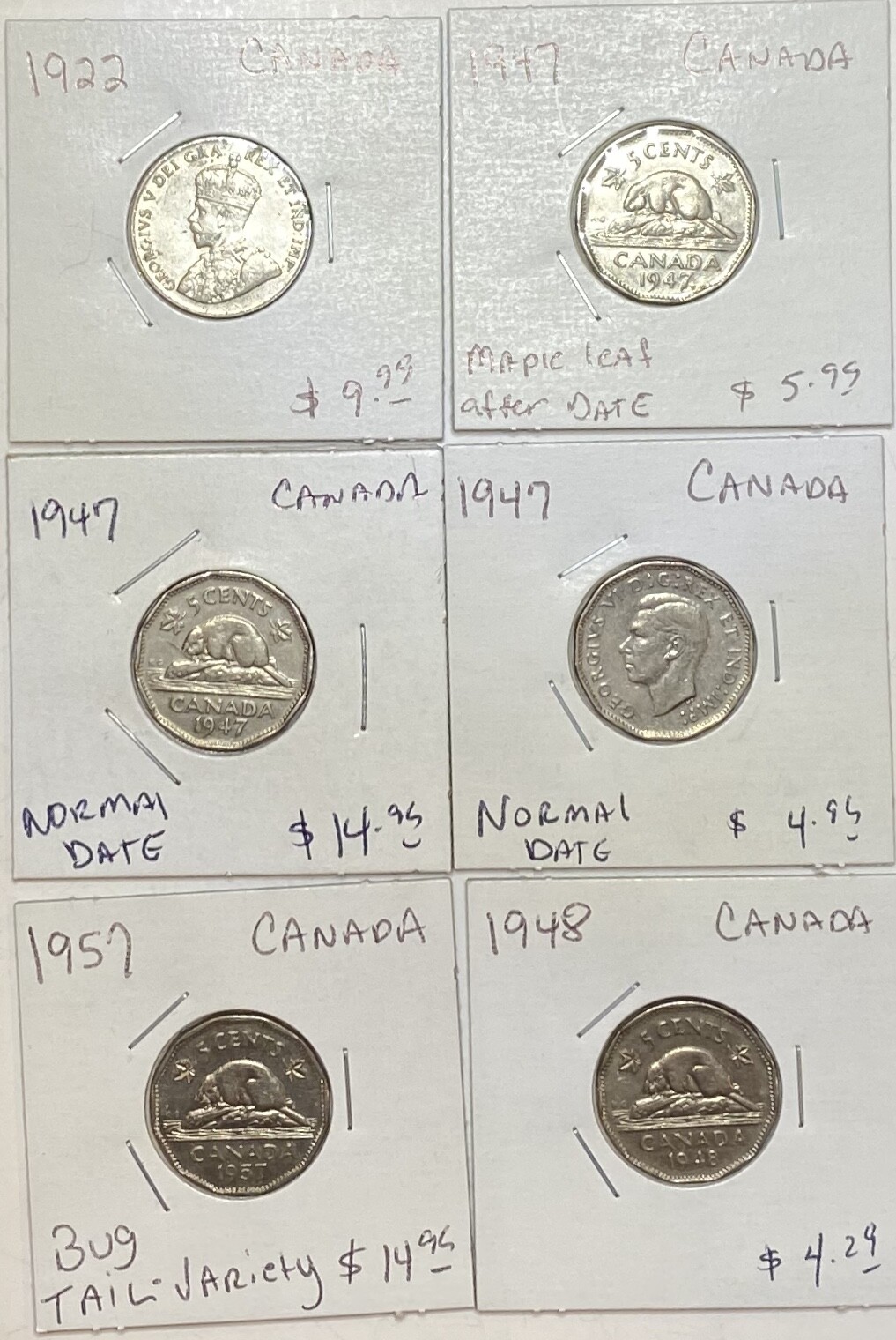 Lot of 6 Canada Five Cents 5C 1922 1947 1947 1947 1957 1948