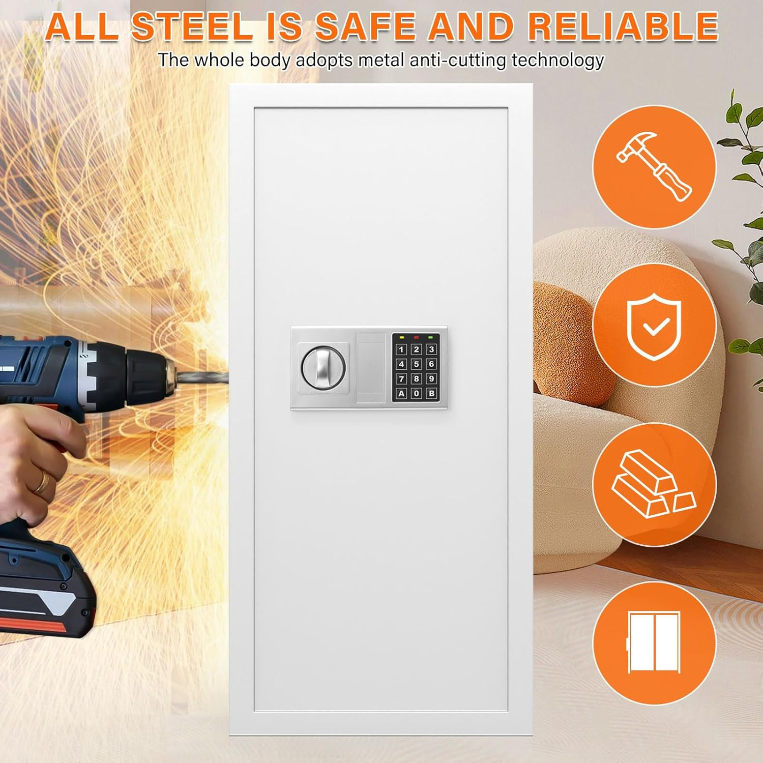 Fireproof In-Wall Safe with Combination Lock & 3 Shelves for Jewelry & Documents
