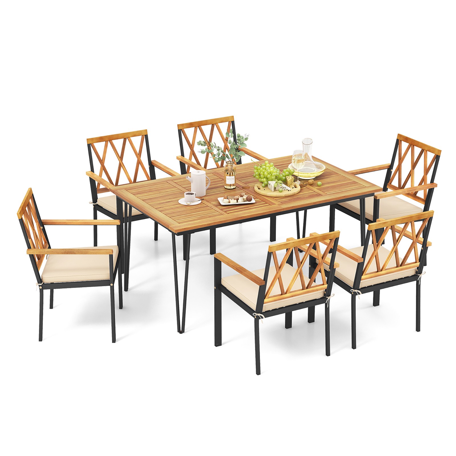 7 PCS Patio Dining Set w/ 2'' Umbrella Hole and Seat Cushions for Garden