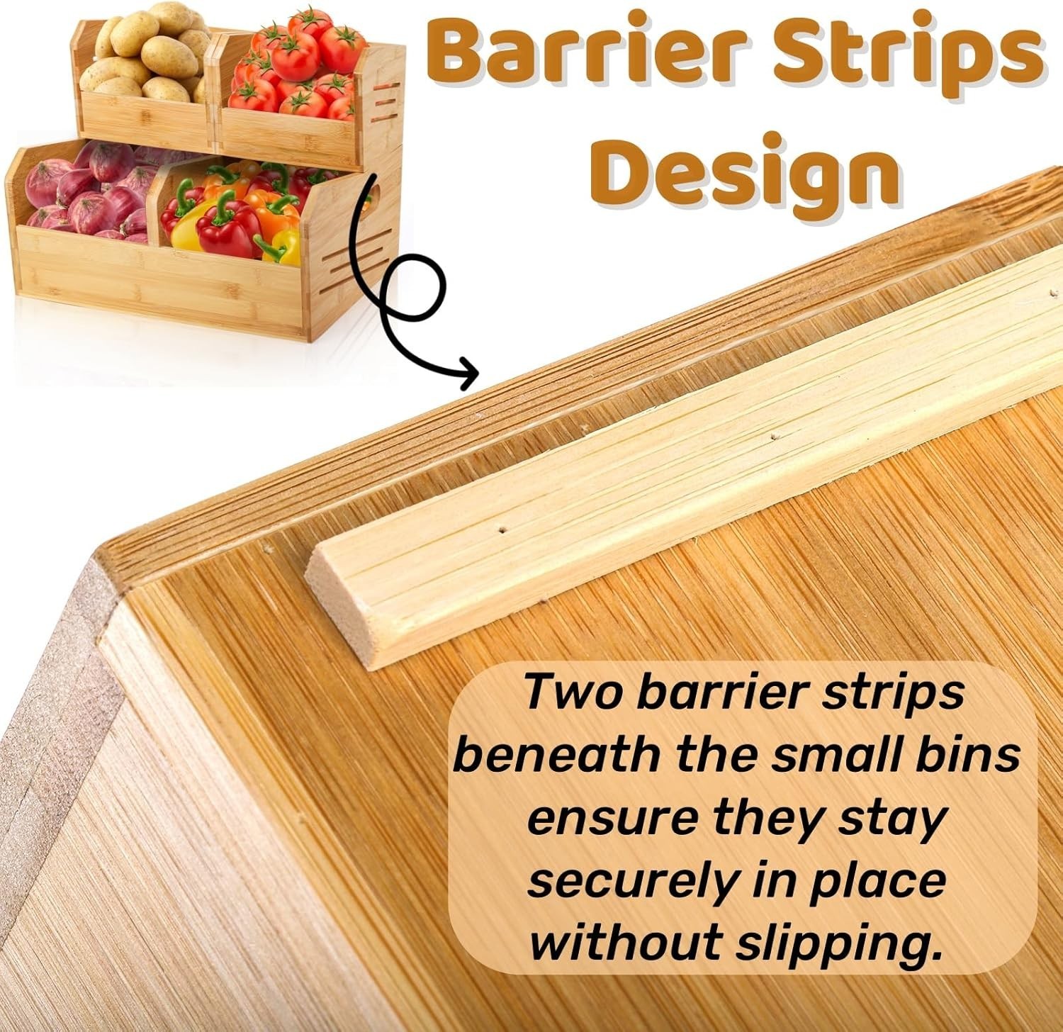 2 Tier Bamboo Stackable Storage Bins 4 Compartment Potato & Onion Storage
