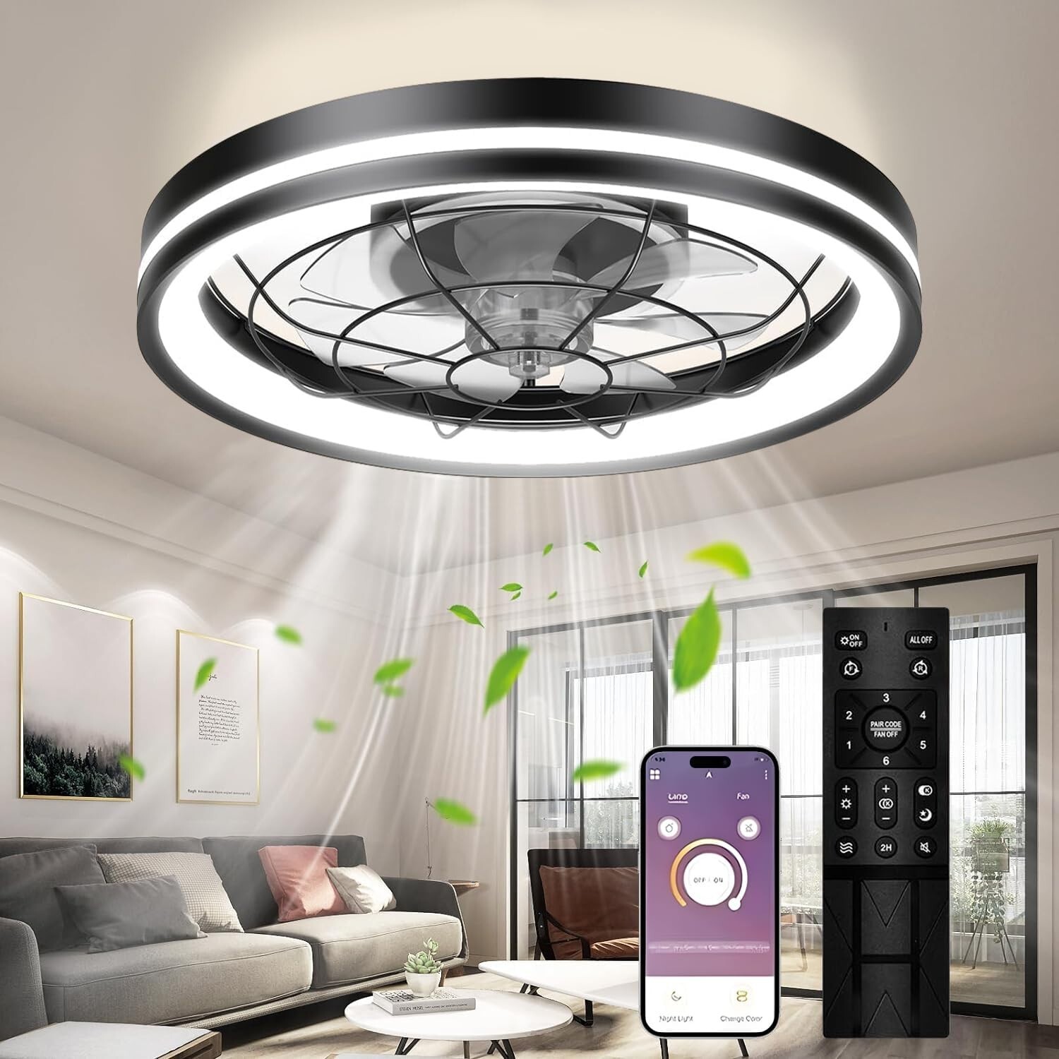 20" Modern LED Ceiling Fan Lights Flush Mount Light kit With APP Remote Control