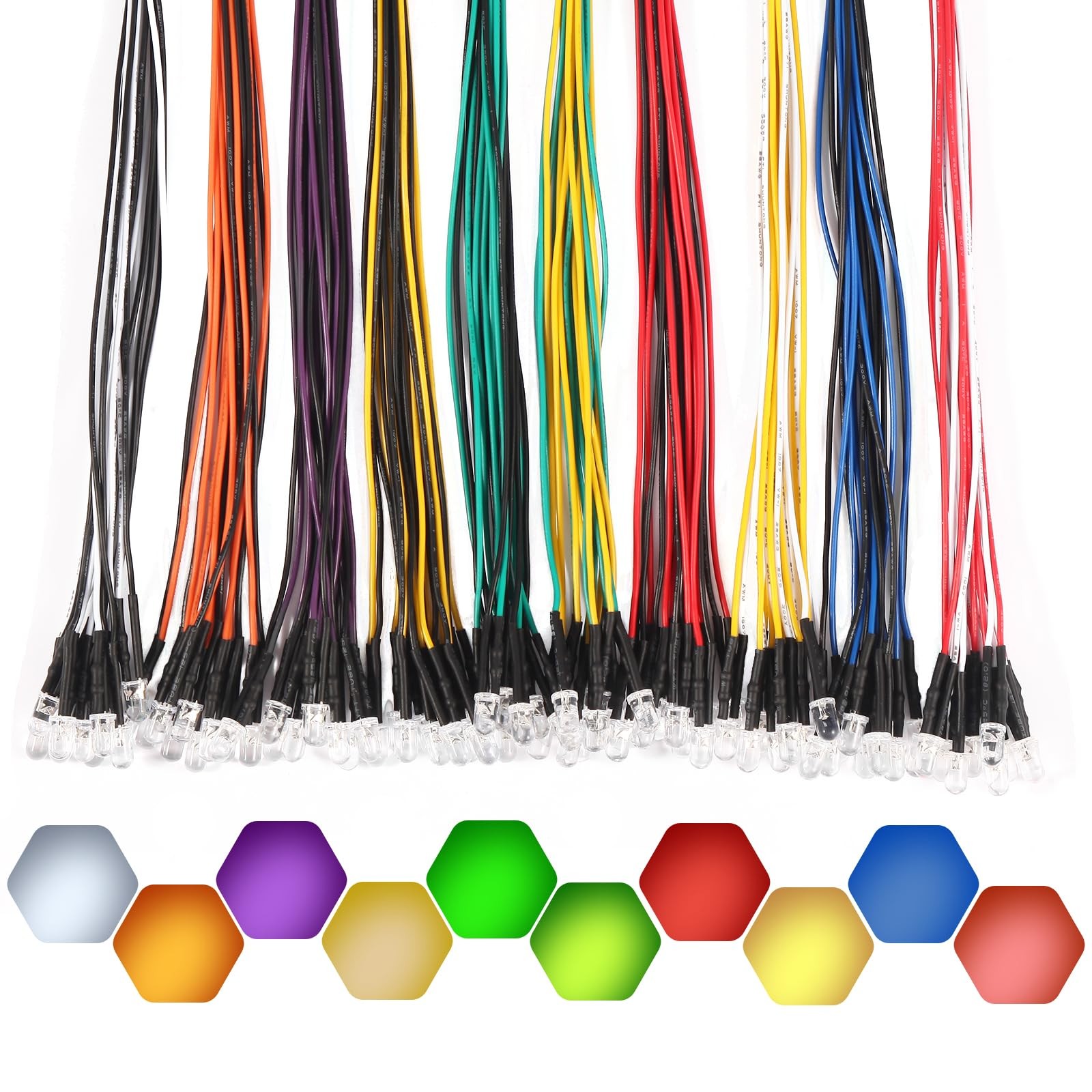 100Pcs (10 Colors × 10Pcs) 5MM Pre Wired 12V LED Diodes, Clear Transparent Le...