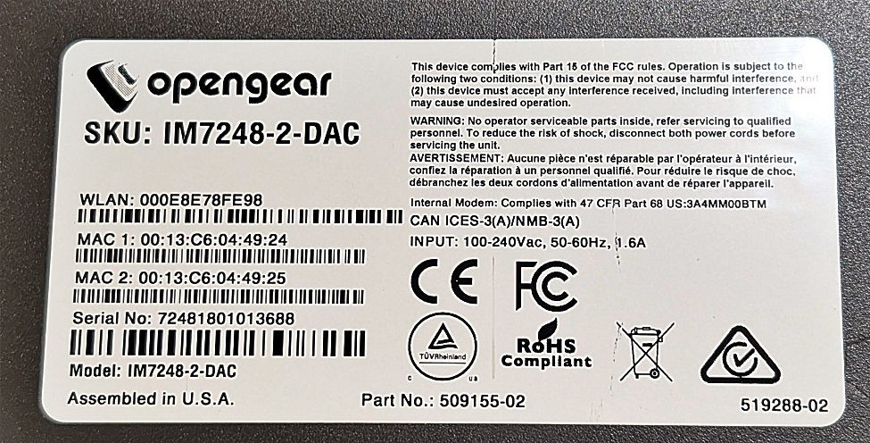 IM7248-2-DAC Opengear 509155-02 48 Port Console Server with WIFI Missing Antenna