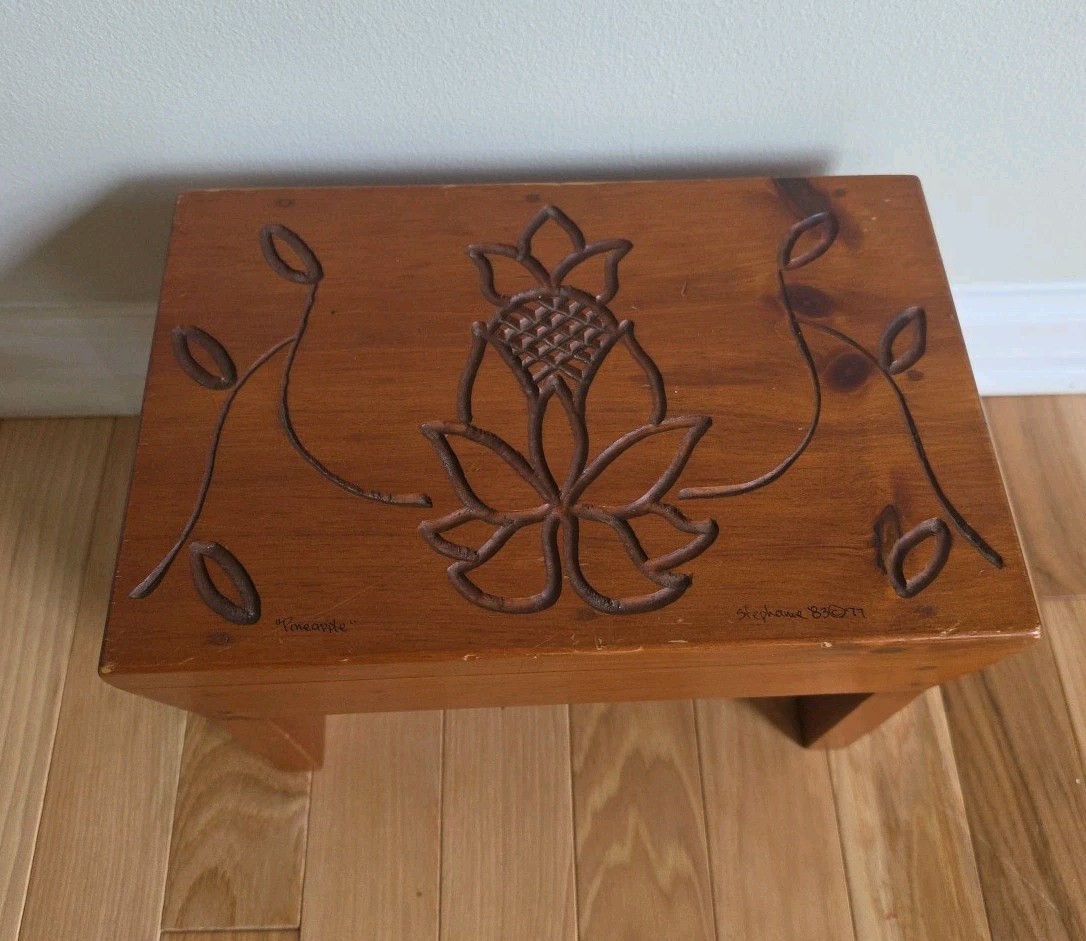 Vintage Wooden Foot Stool Plant Stand Hand carved Pineapple Artist Signed READ