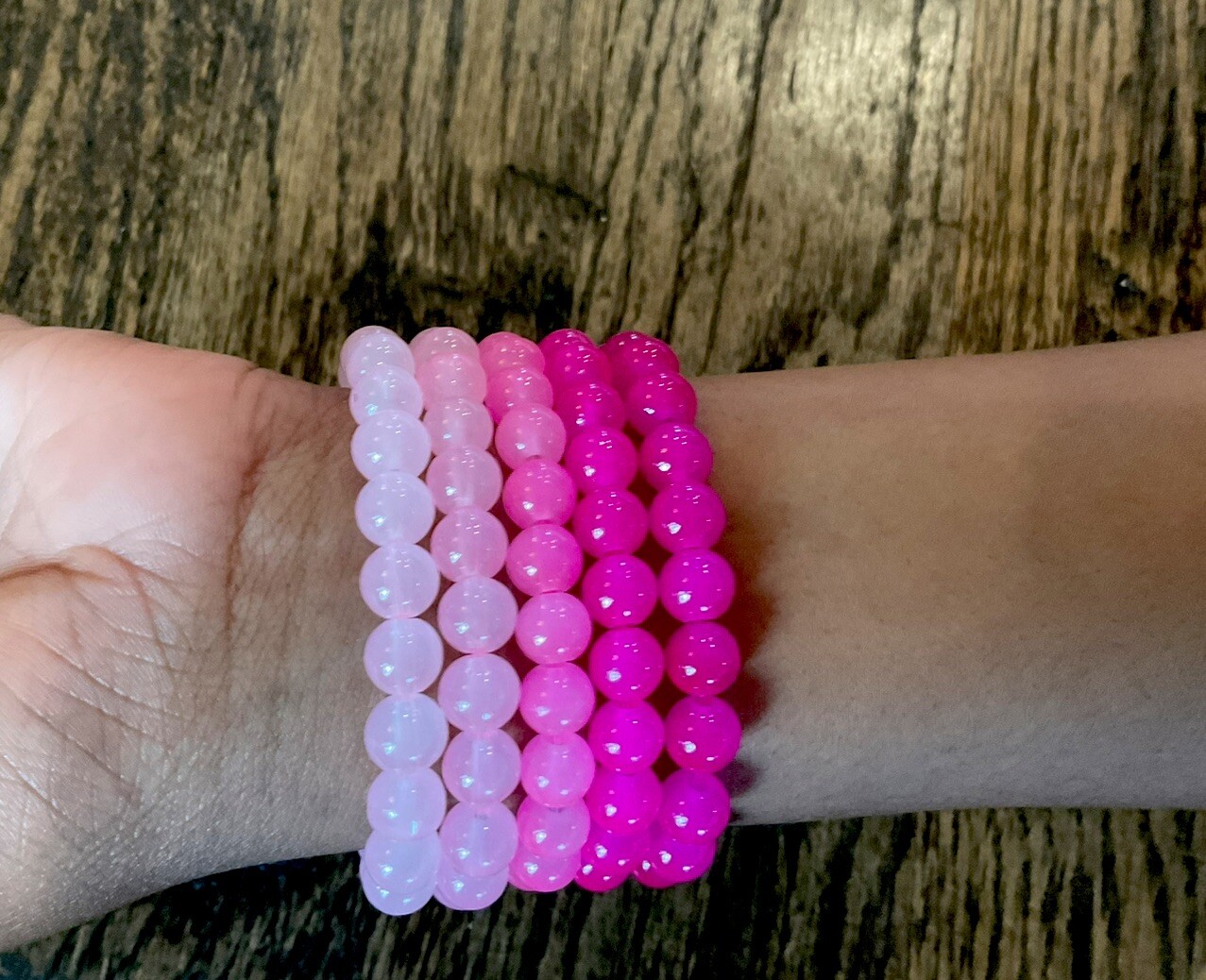 Handmade 5 Tone Pink  Bracelet  Set Stretch Round Beaded Jewelry 6.5”