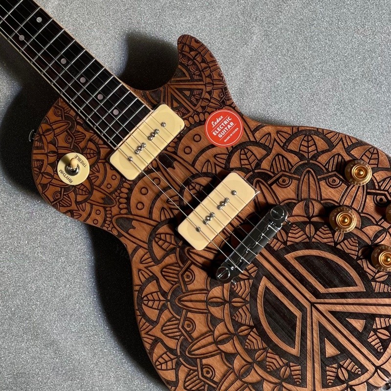 Natural Carved Mandala Peace Sign Electric Guitar Dual Yellow P90 Pickups