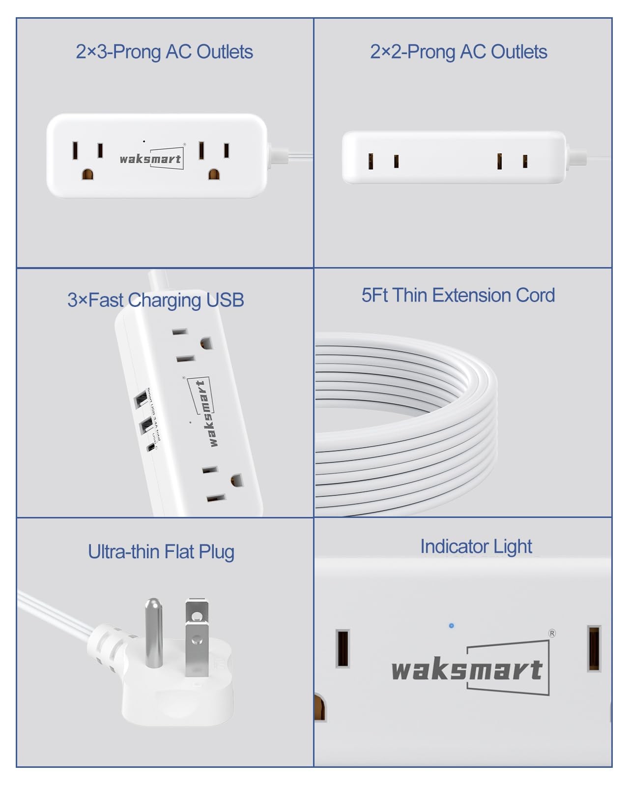 Flat Plug Power Strip - 5 Ft Thin Flat Extension Cord with 4 AC Outlets 3 USB...