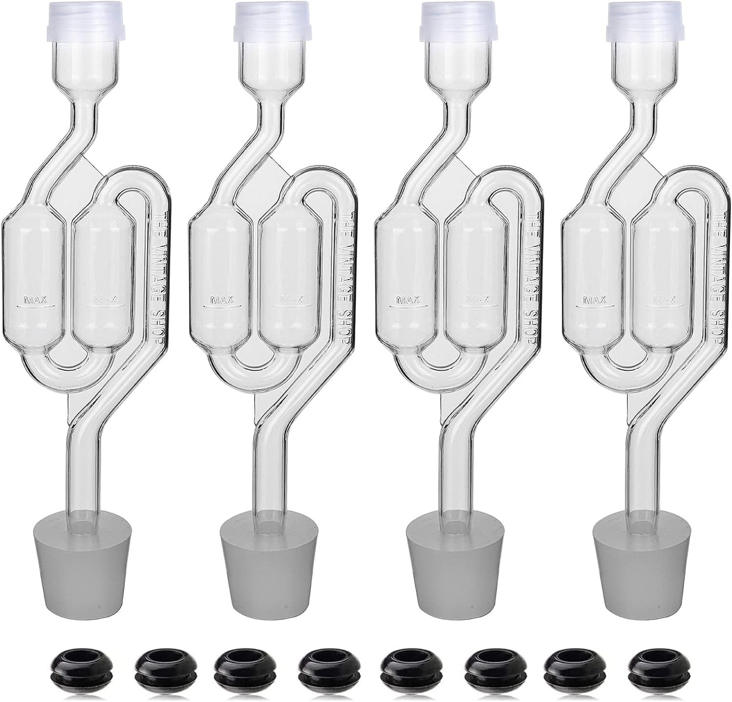 Bubble Airlock Set, 4 Airlocks for Fermenting, 4 Drilling #6 Stoppers and 8 Airl