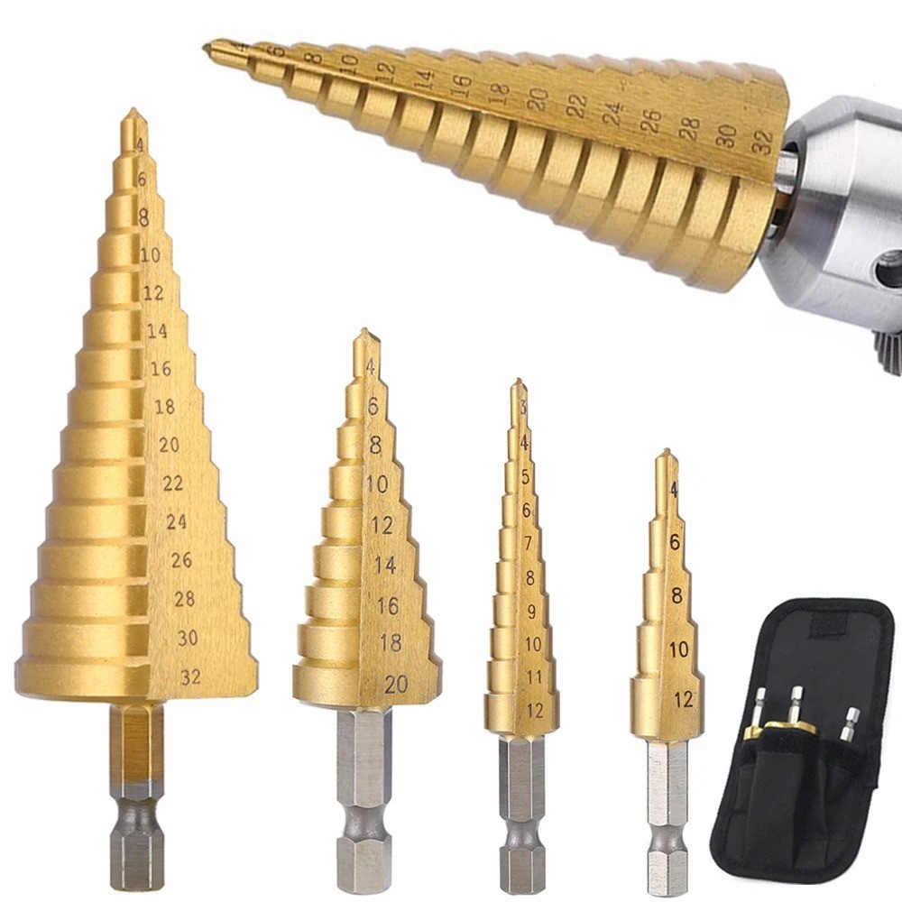 3pcs/Set Titanium Step Cone Drill Hole Cutter Bit HSS Large Set Tool With Pouch