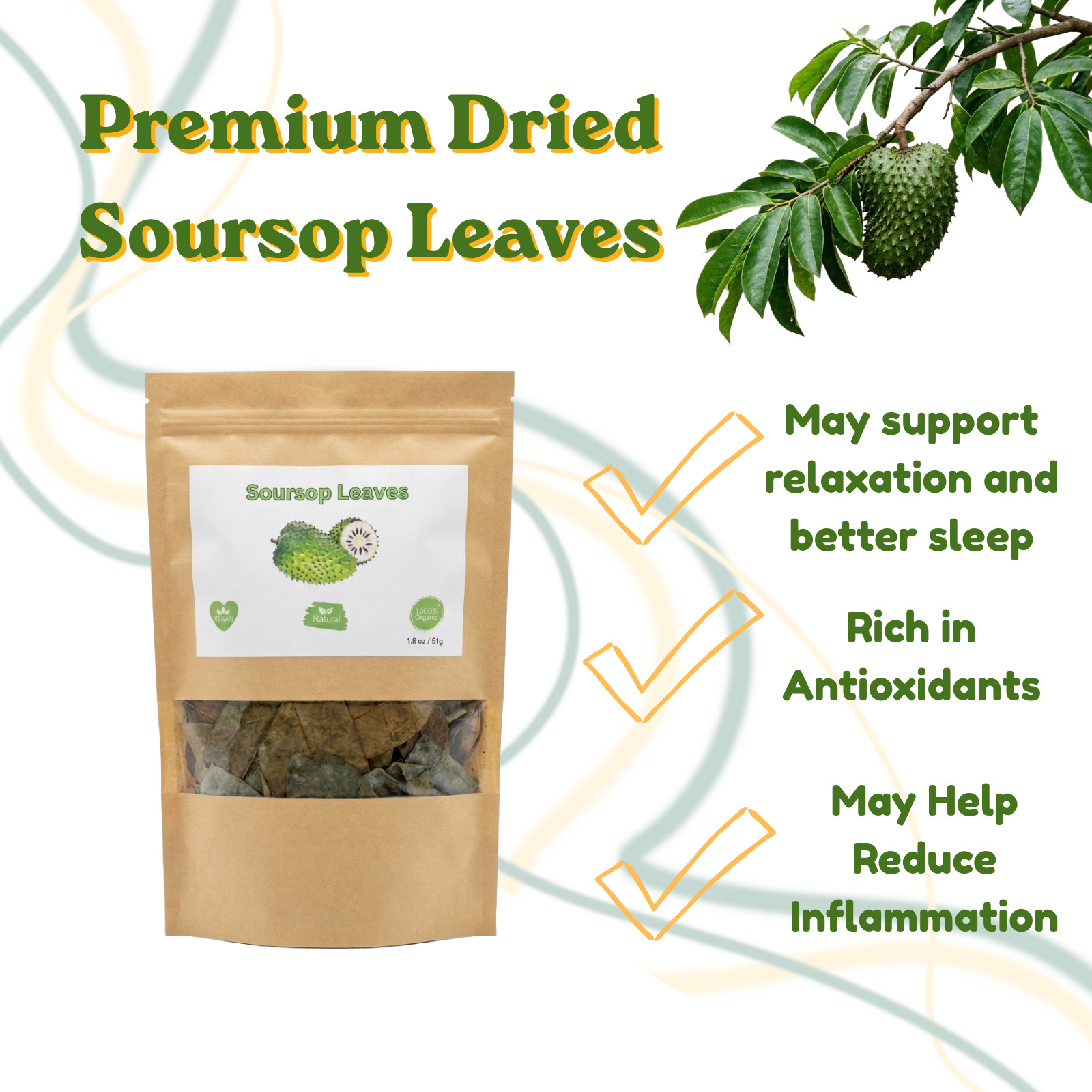 Soursop Leaves - 1.8 oz - Natural Organic Graviola/Hojas De Guanabana Tea