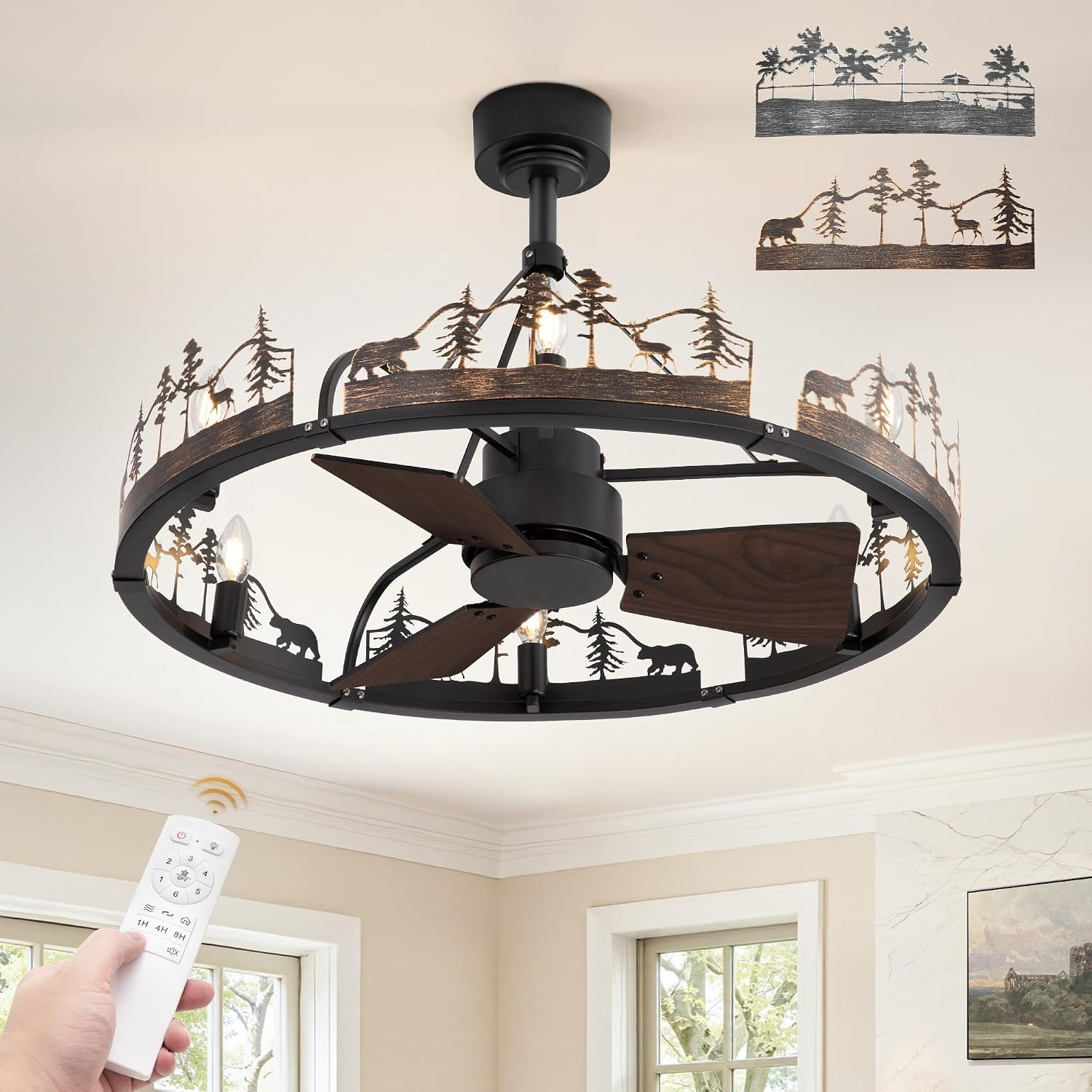 30 Inch Farmhouse Rustic Ceiling Fan with Light and Remote, Black Chandelier Fan