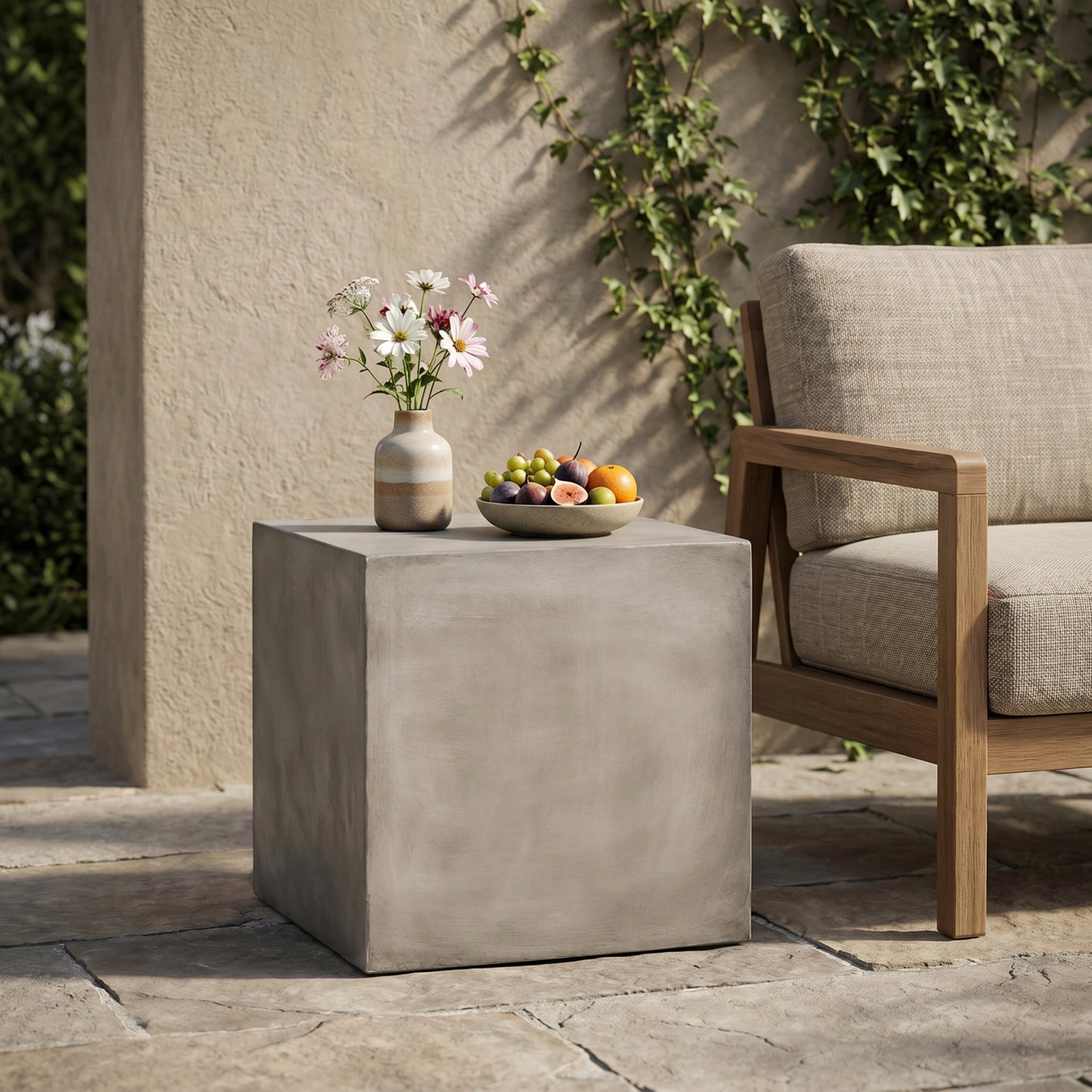 Outdoor Square Side Table Light Grey MGO Concrete 22" Cube