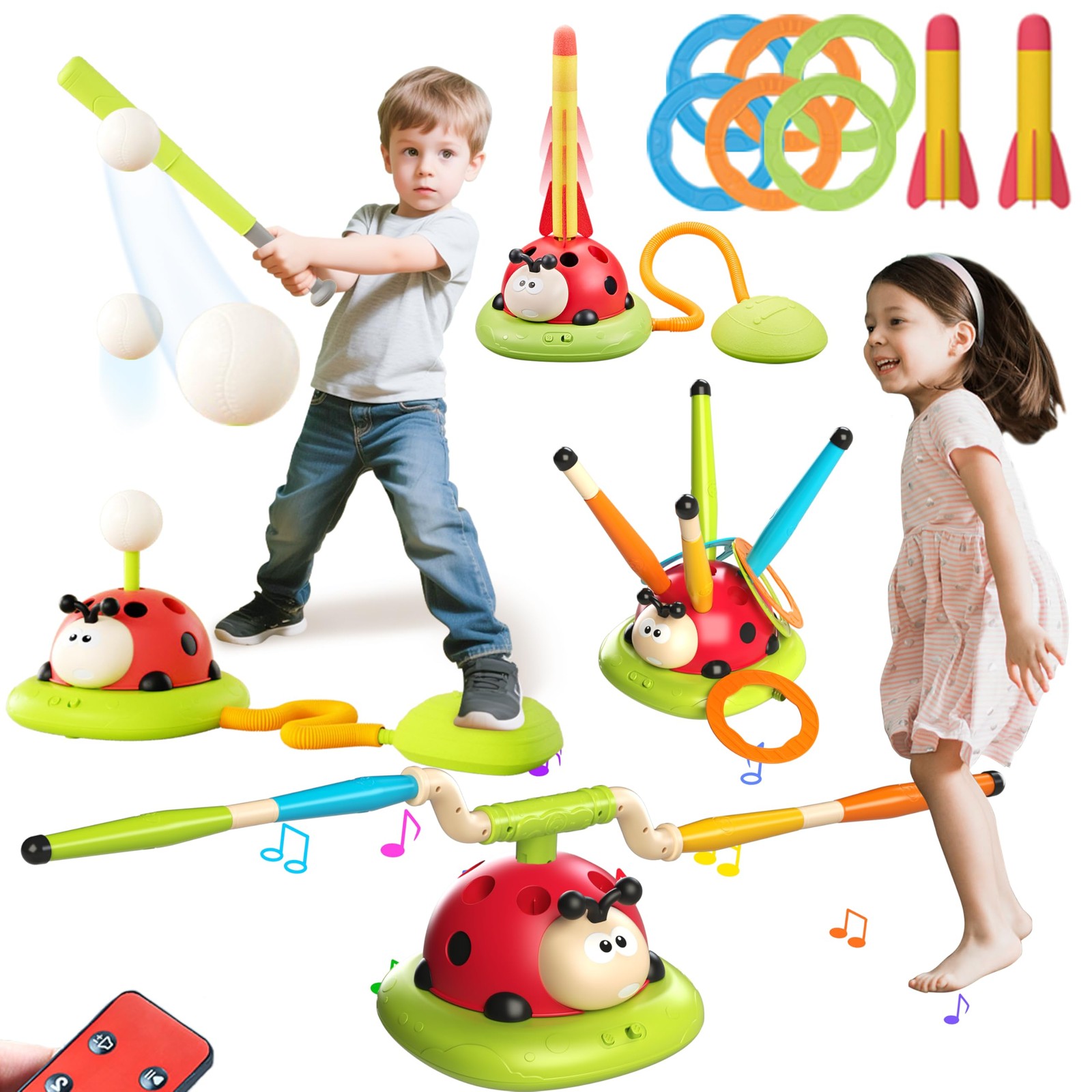 4 in 1 Musical Jump, Toss Ring Game, Baseball Toys and Stomping Launch Rocket...
