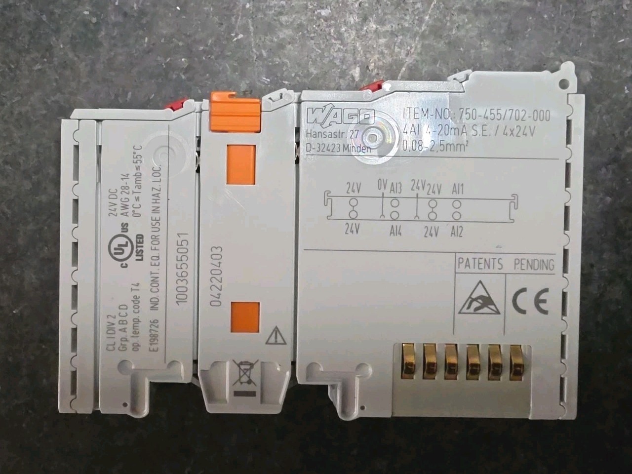 WAGO 750-455/702-000 4-Channel Analog Input Module PLC 4-20mA Single-Ended Used