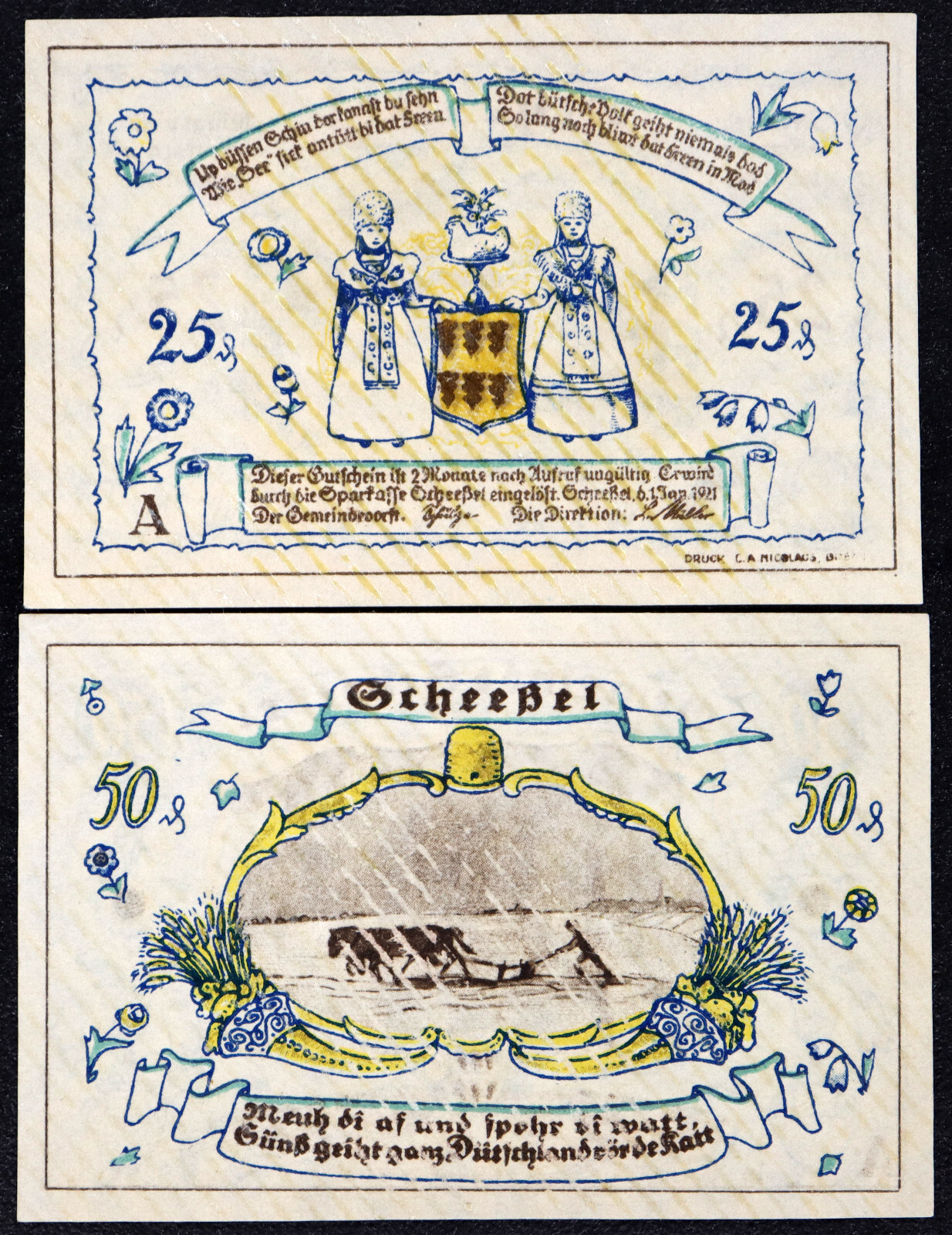 SCHEESSEL 1921 ERROR! "Tracht, Horses Plowing" Complete Photographic Notgeld