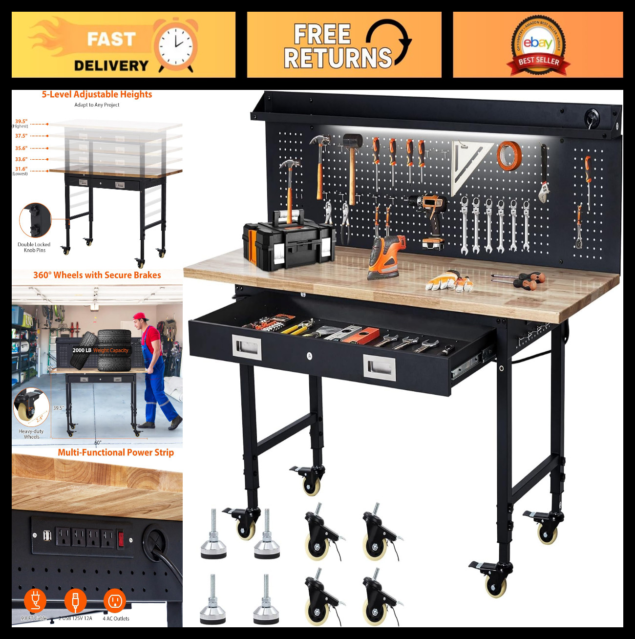 Adjustable Height Workbench 60"x22" - Heavy Duty Rubber Wood, 2000 LBS Capacity,