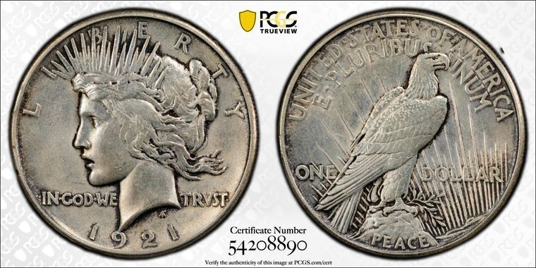 1921 $1 High Relief Peace Dollar PCGS Cleaned - AU Details- Gold Shield Protect