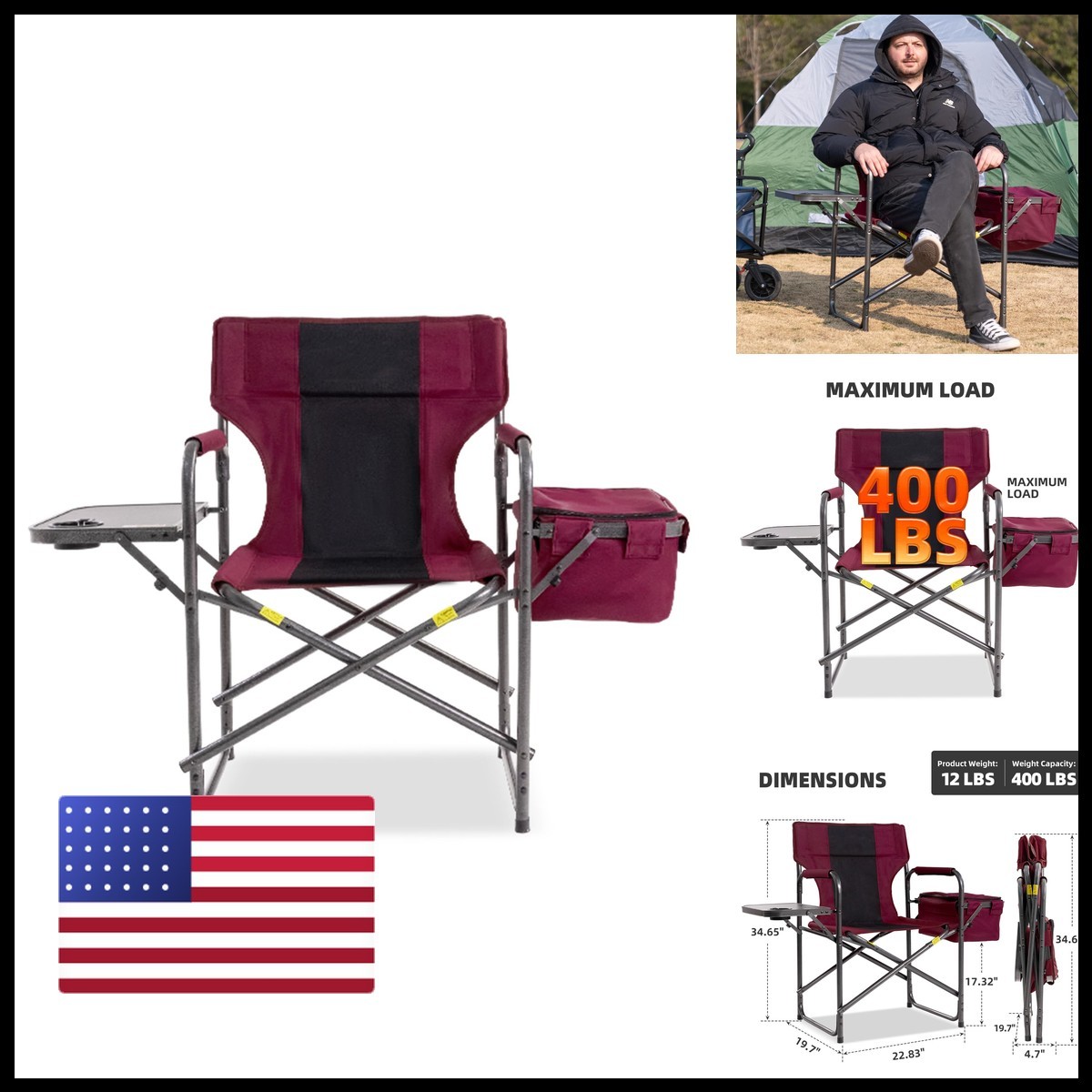 Foristrail Director Camping Chair - 400lbs Heavy Duty (Wine Red)
