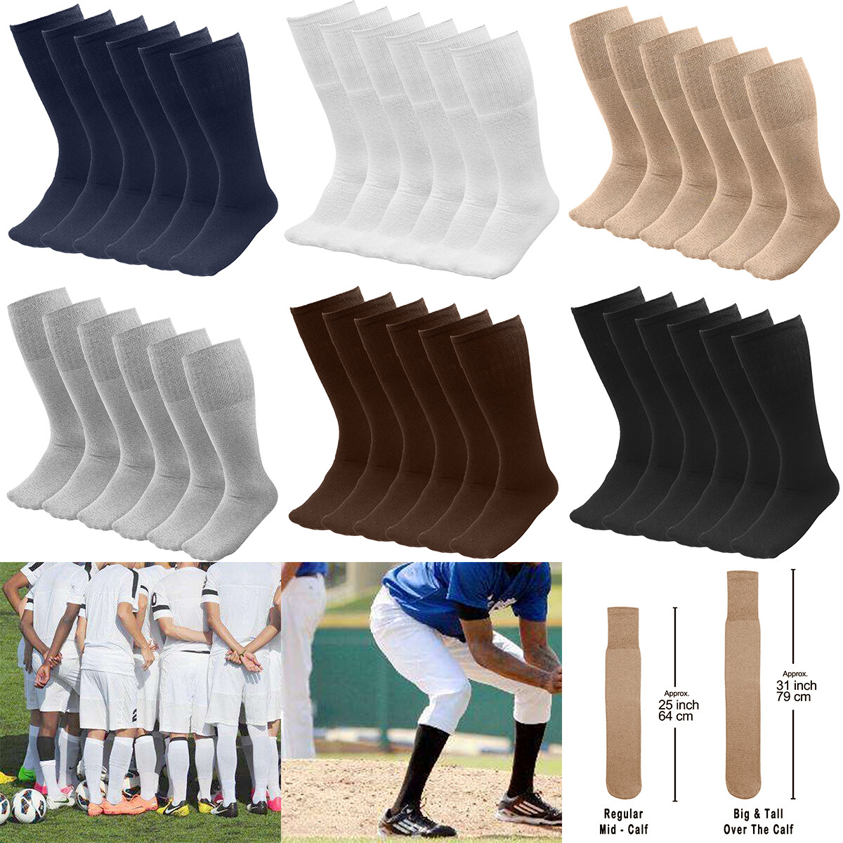 6/18 Pairs Men's Athletic Sports Tube Socks Over the Calf 25" or 31" Big & Tall