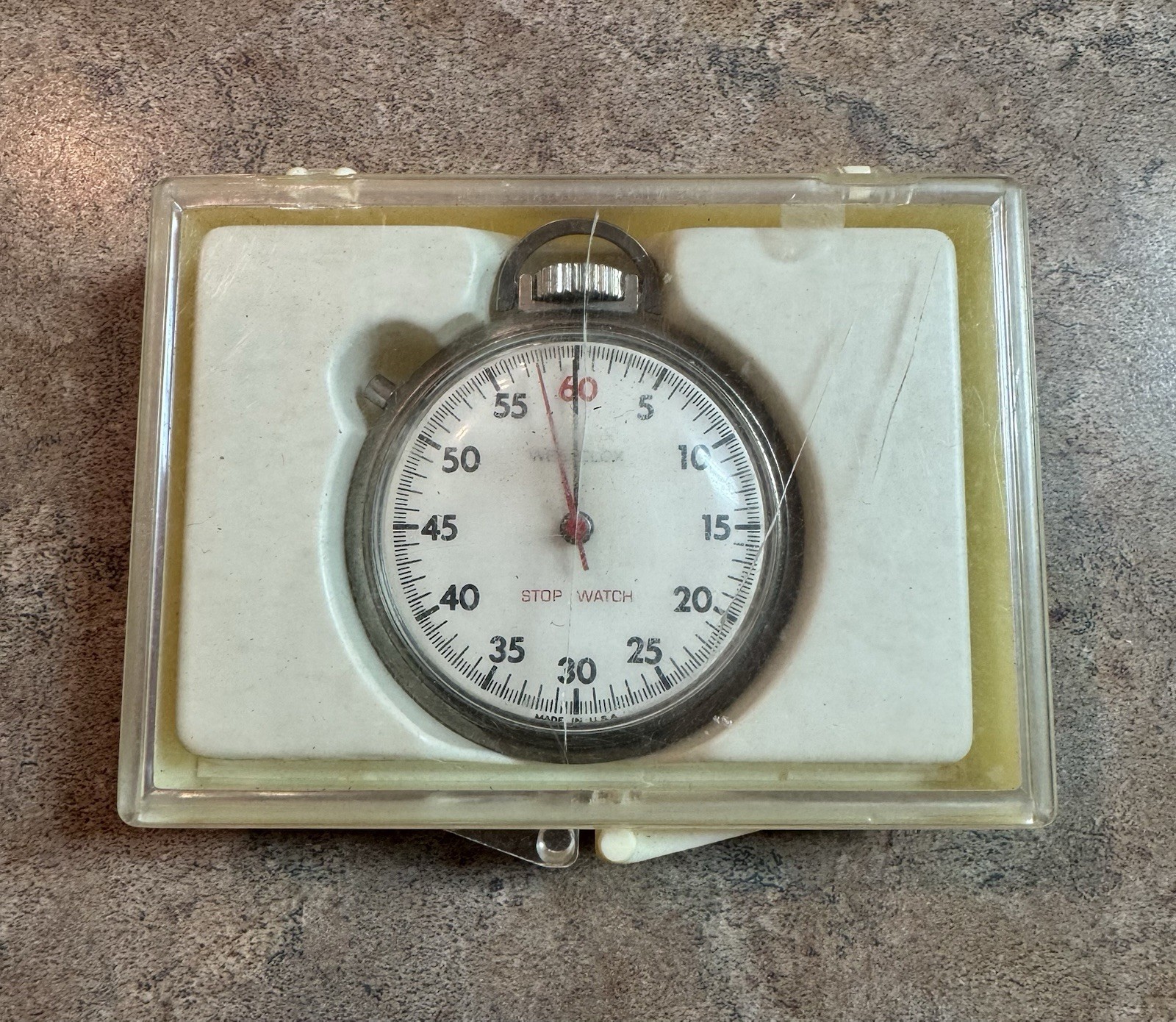 Vintage Westclox Mechanical Stopwatch Made in USA w/ Original Plastic Case Works