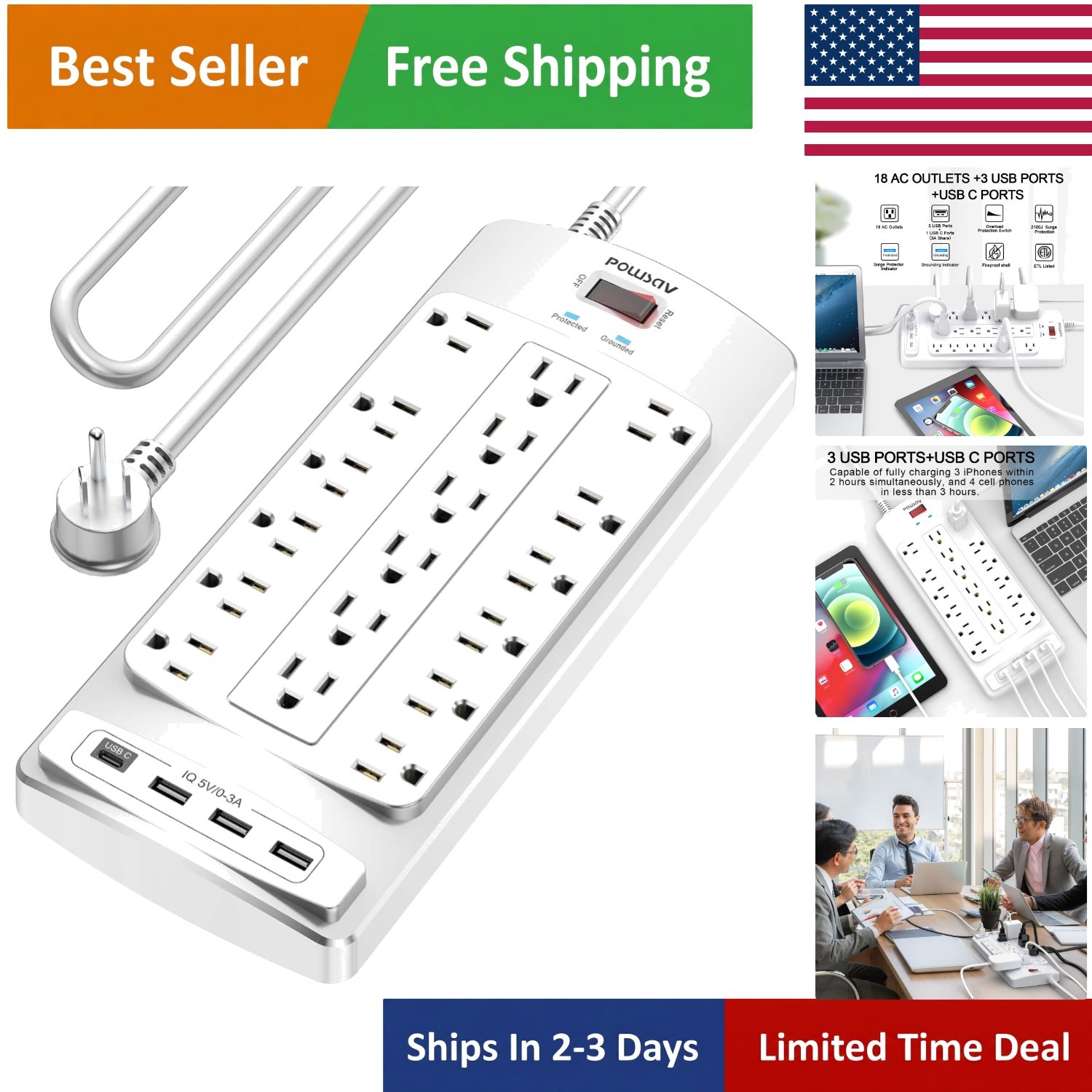 Robust 10 Feet Power Strip with 18 Outlets & USB Ports – Surge Protection 2100J