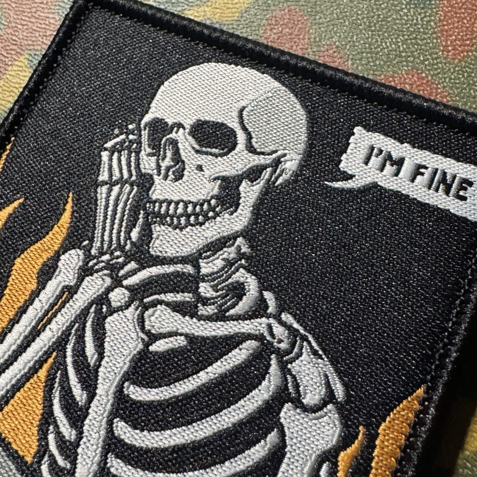 🔥💀☕️ I’M FINE SKELETON MEME Woven Patch Hook/Loop Back FUNNY INTERNET COFFEE
