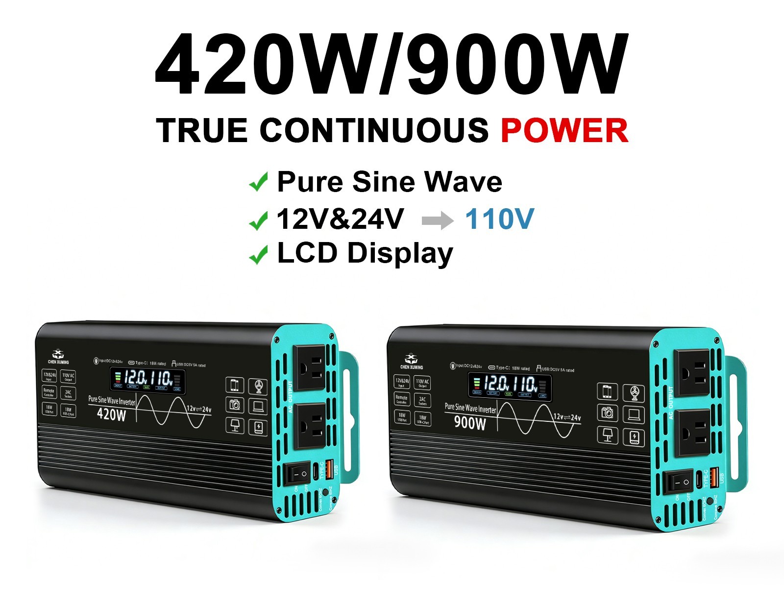 420W/900W Pure Sine Wave Inverter 12V/24V DC to 110V AC  for  Laptop Car Camping