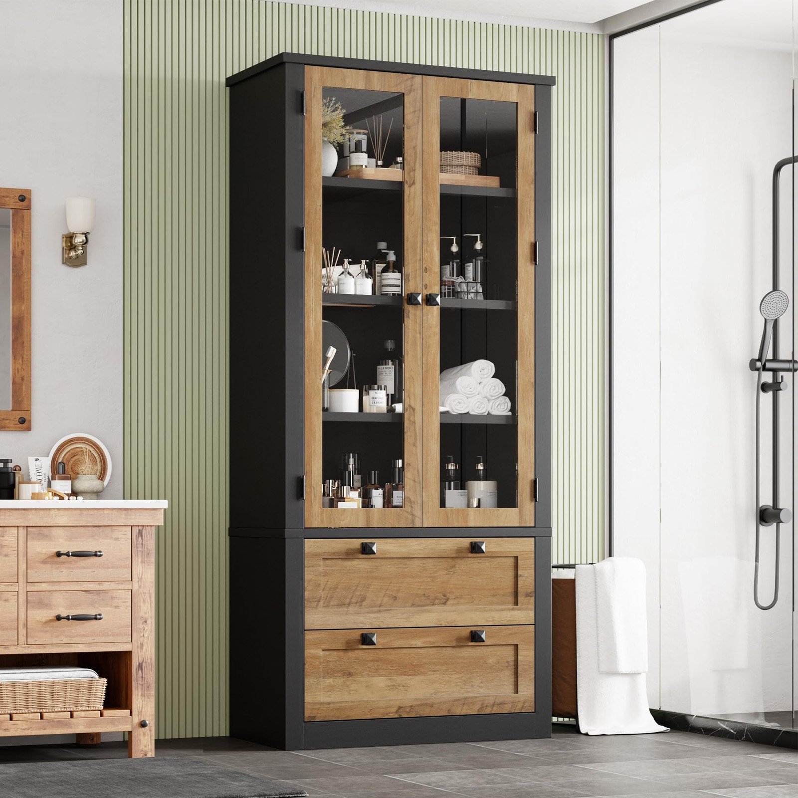 Farmhouse 72 Tall Pantry Cabinet Glass Doors 2 Drawers Adjustable Shelves MDF