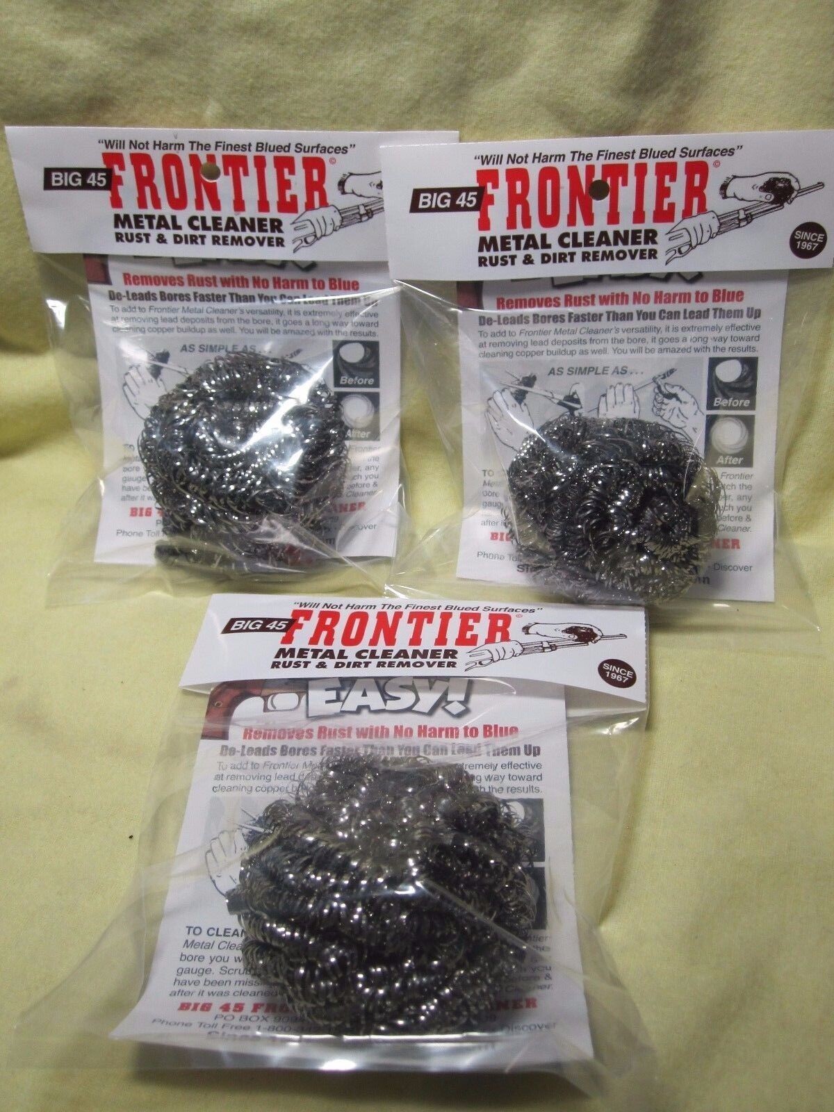 Big 45 Frontier Metal-Bore Cleaner Pads 'Removes Rust Leaves Bluing' LOT OF 3