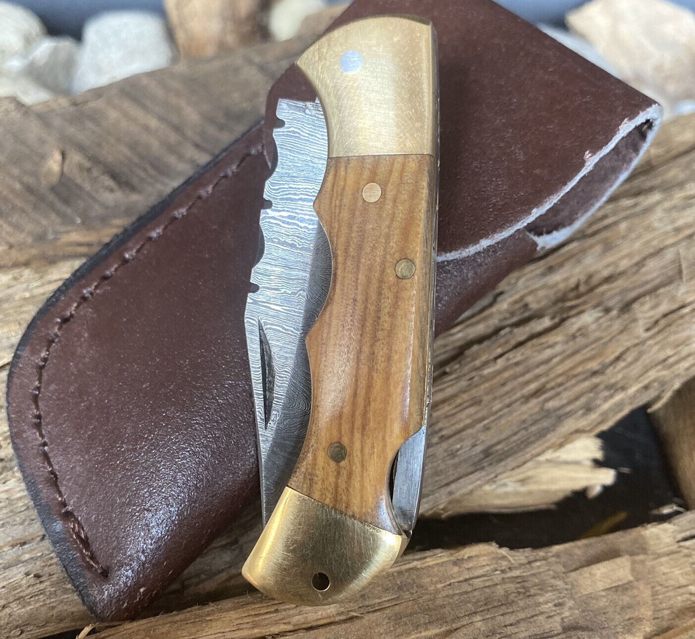 SHARD CUSTOM HAND FORGED DAMASCUS STEEL Lock Back Folding Pocket Knife W/Sheath